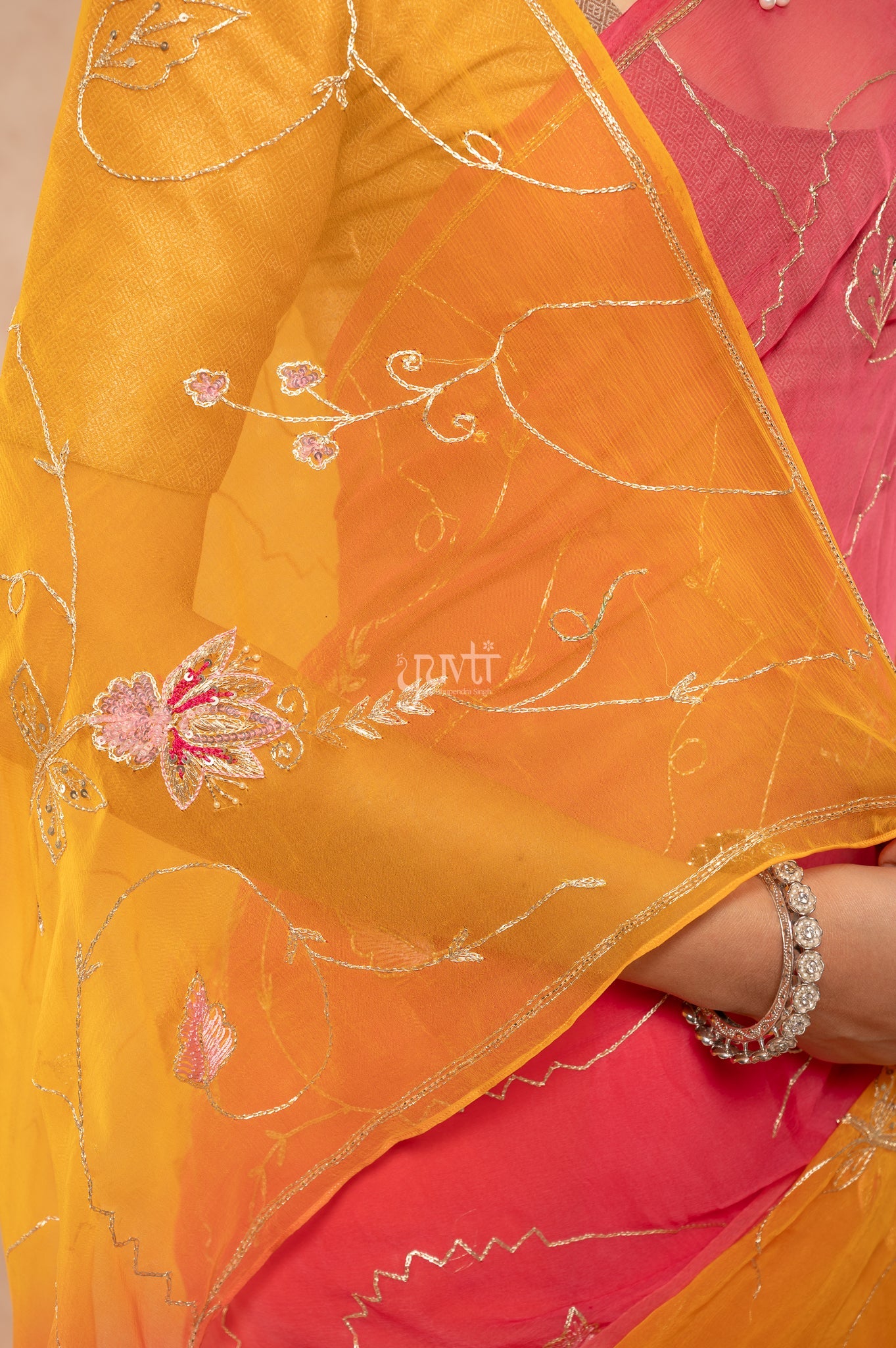 Grey Pink Viscose Chiffon Aari Sequins Kardana Handwork Party  Saree