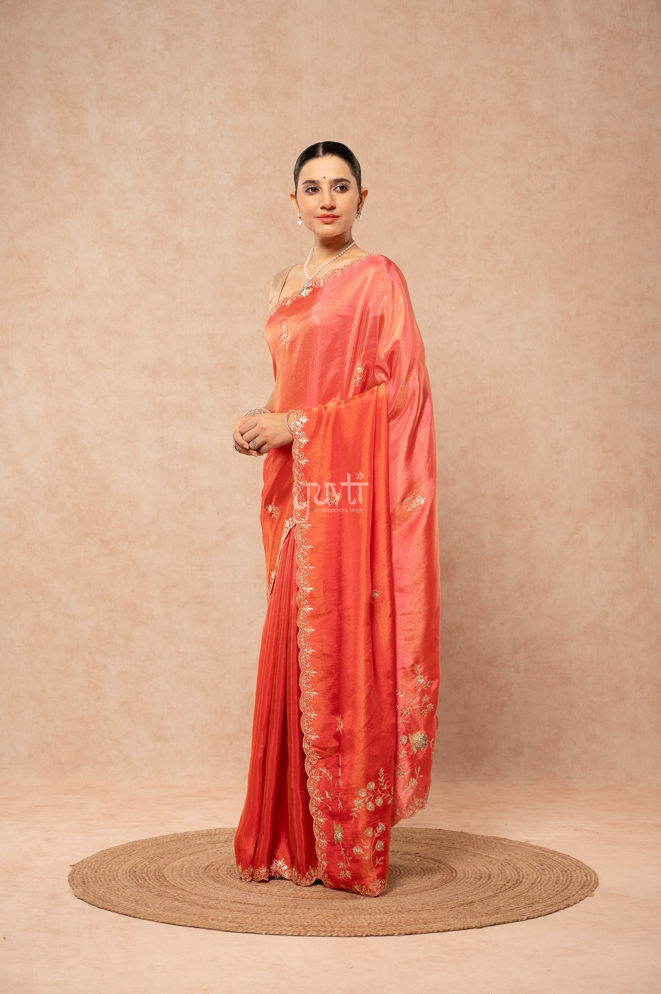 Gajri Orange Viscose Tissue Aari Sequins Border & Flower Motifs (Butti) Handwork  Saree