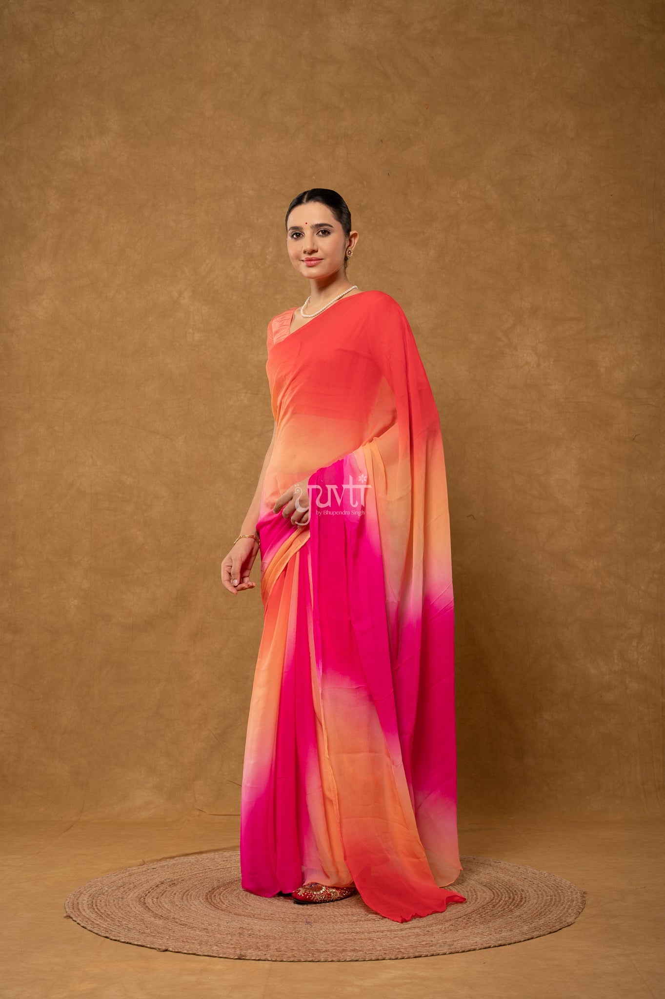 Red Peach Rani Shaded Pure Chiffon  Hand-Dye  Saree  with Blouse