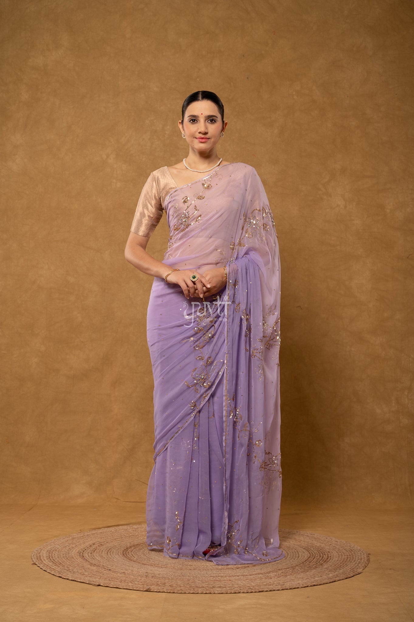 Lavender Shaded Viscose Chiffon Sequins Kardana Chaadi Butti Handwork  Saree
