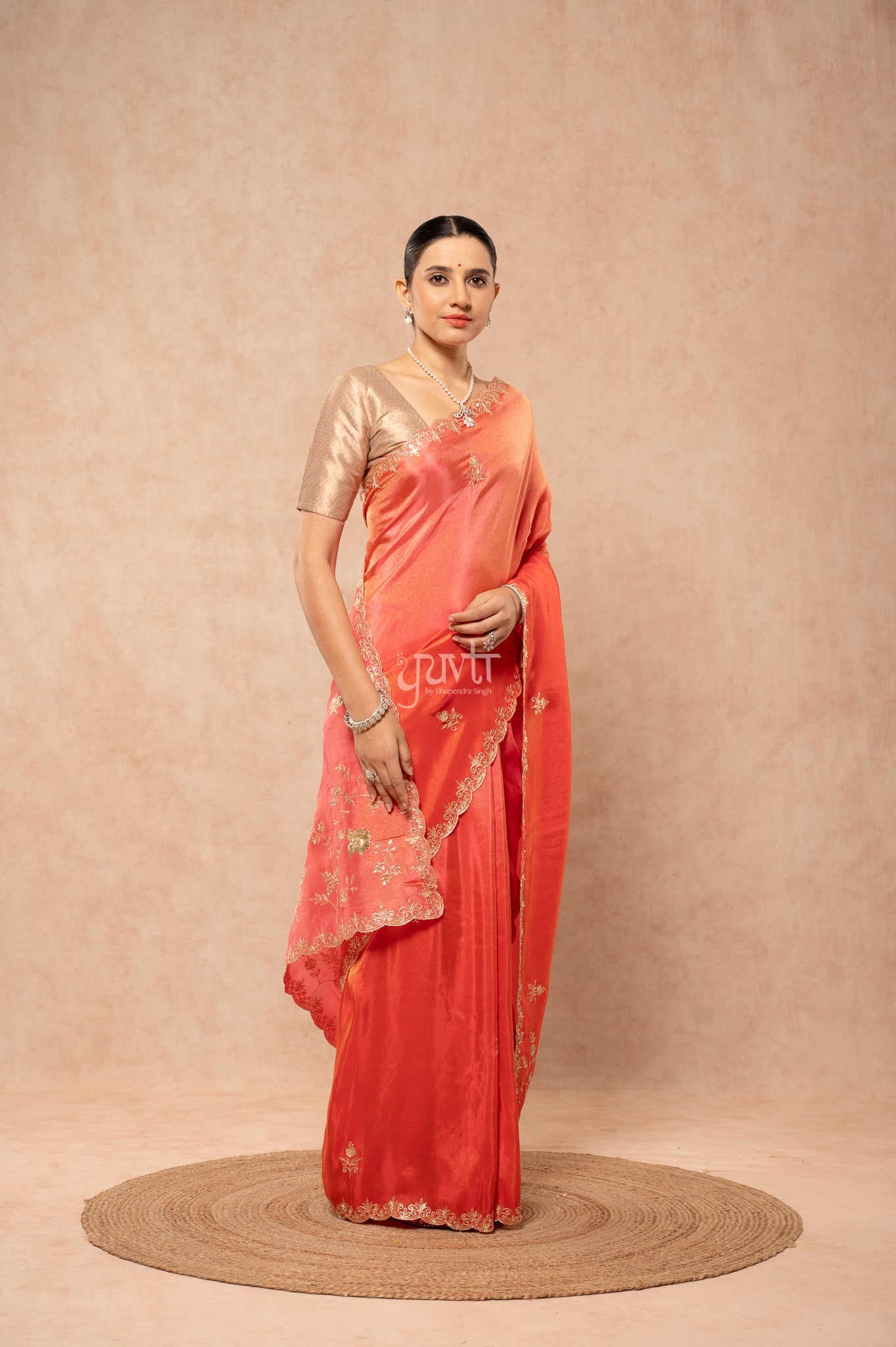 Gajri Orange Viscose Tissue Aari Sequins Border & Flower Motifs (Butti) Handwork  Saree