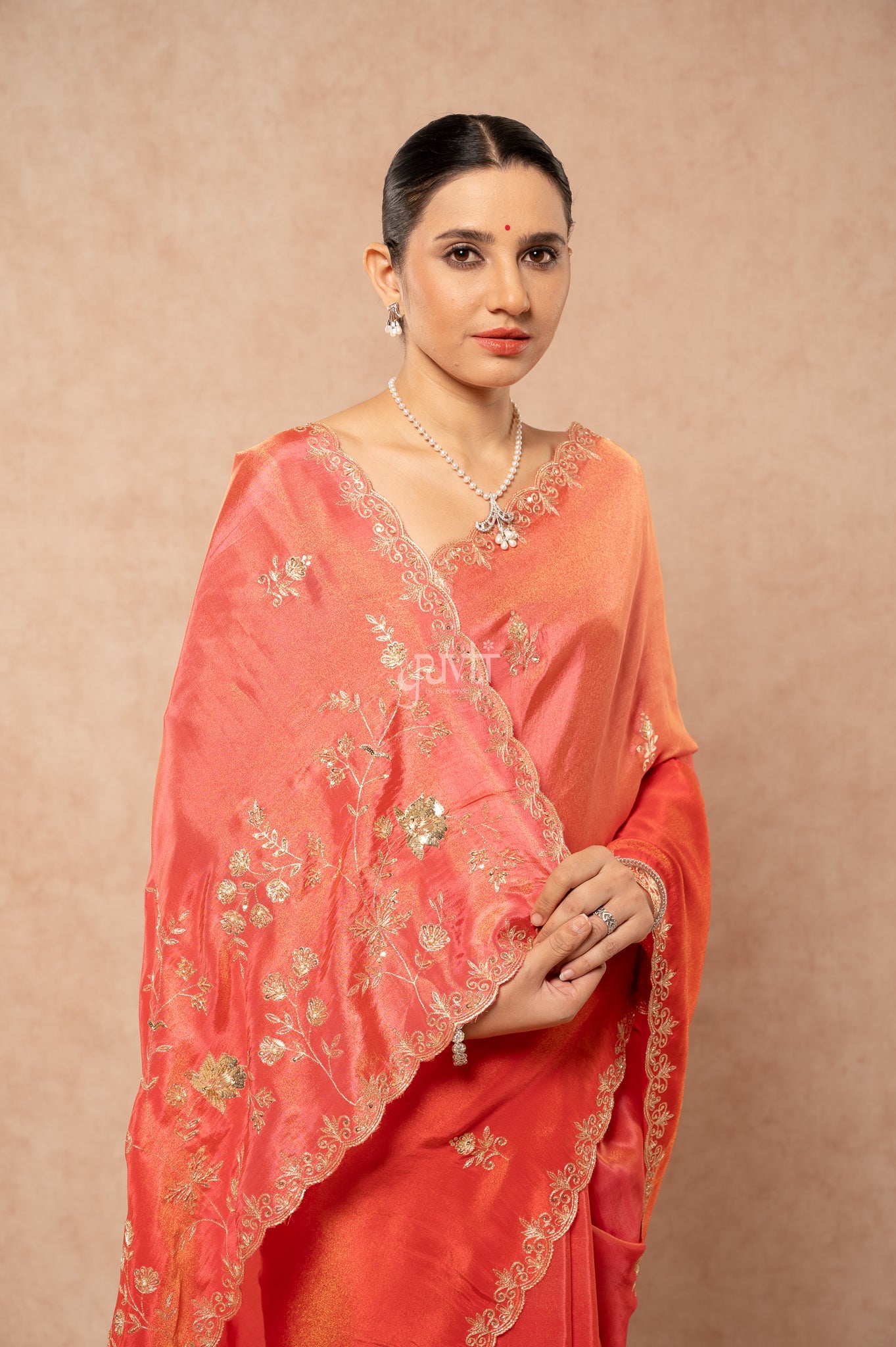Gajri Orange Viscose Tissue Aari Sequins Border & Flower Motifs (Butti) Handwork  Saree