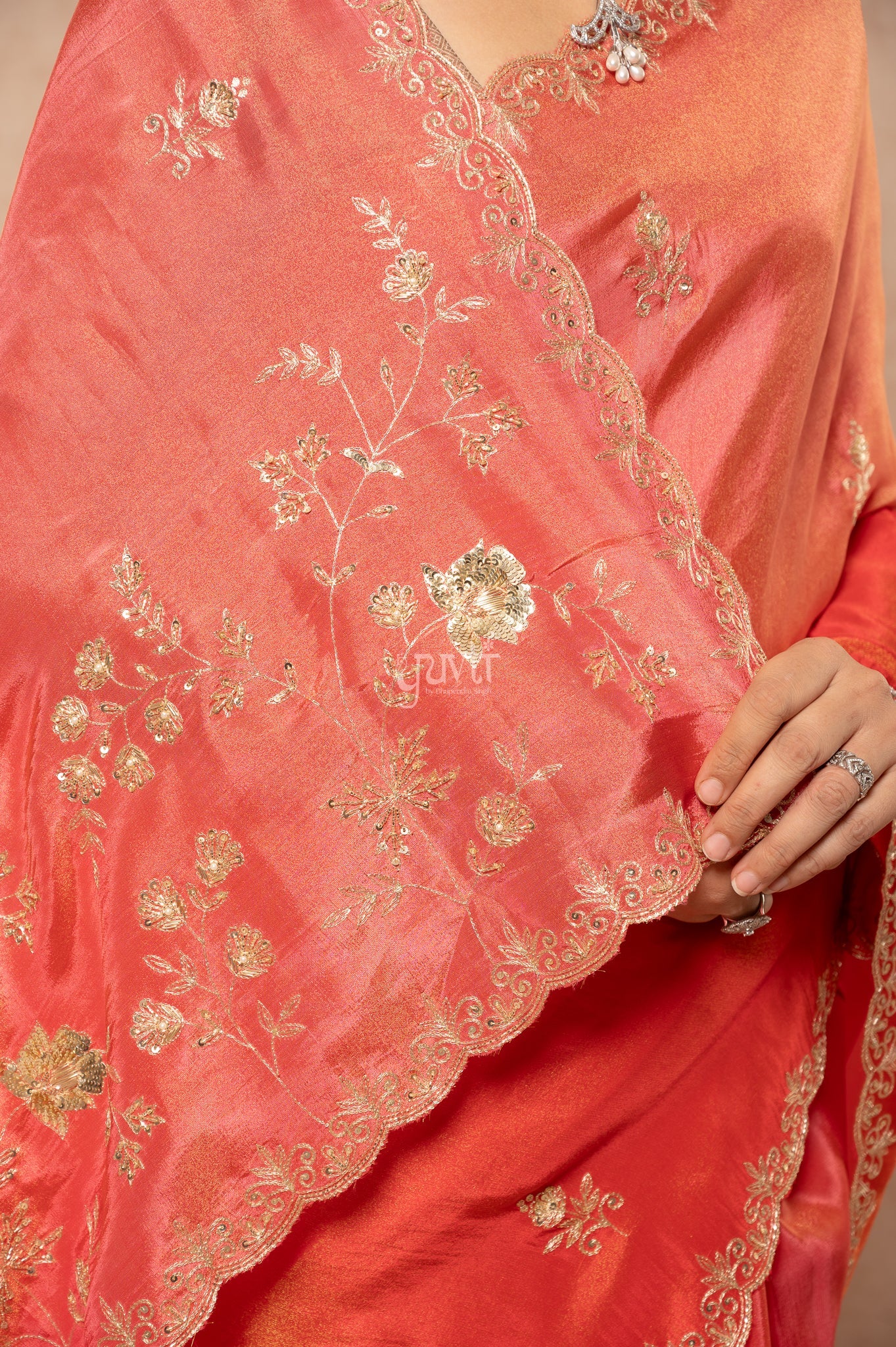 Gajri Orange Viscose Tissue Aari Sequins Border & Flower Motifs (Butti) Handwork  Saree
