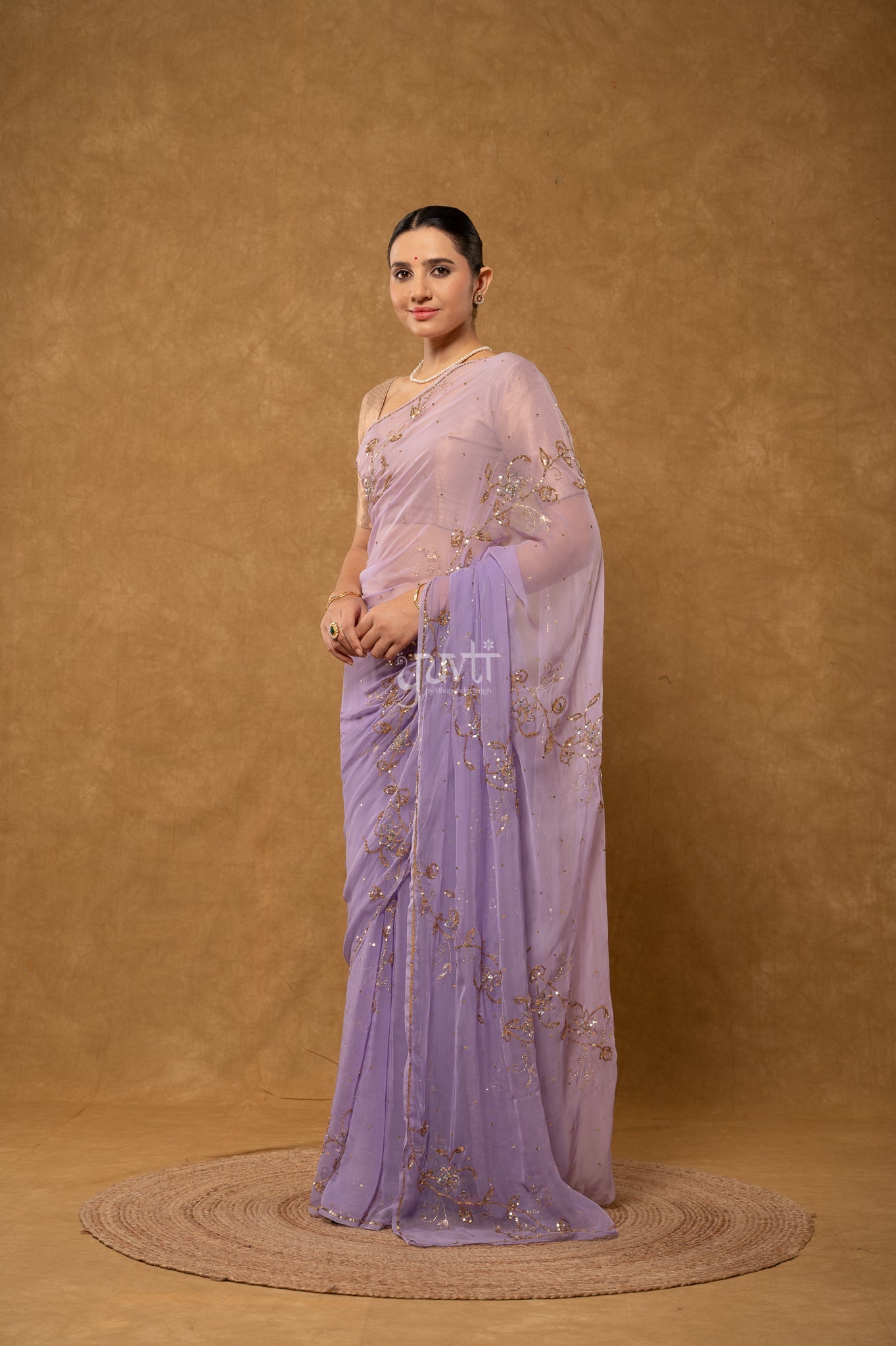 Lavender Shaded Viscose Chiffon Sequins Kardana Chaadi Butti Handwork  Saree