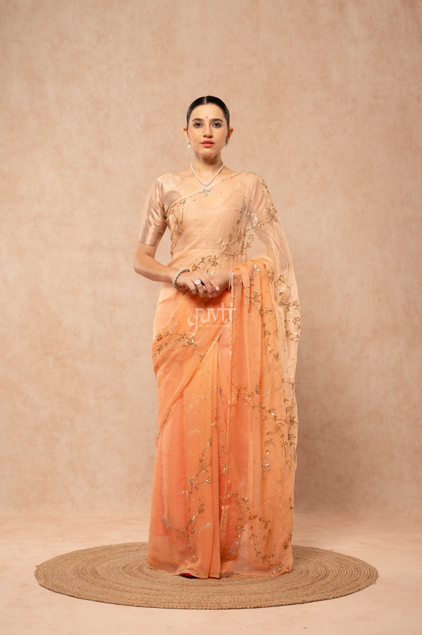 Peach Shaded Viscose Chiffon Aari Sequins Kardana Jaal  Handwork  Saree  with Blouse