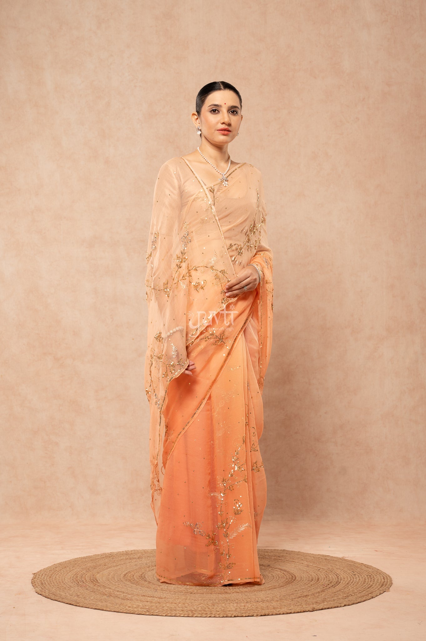 Peach Shaded Viscose Chiffon Aari Sequins Kardana Jaal  Handwork  Saree  with Blouse