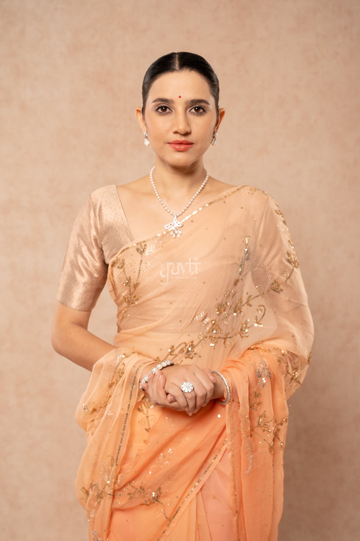 Peach Shaded Viscose Chiffon Aari Sequins Kardana Jaal  Handwork  Saree  with Blouse