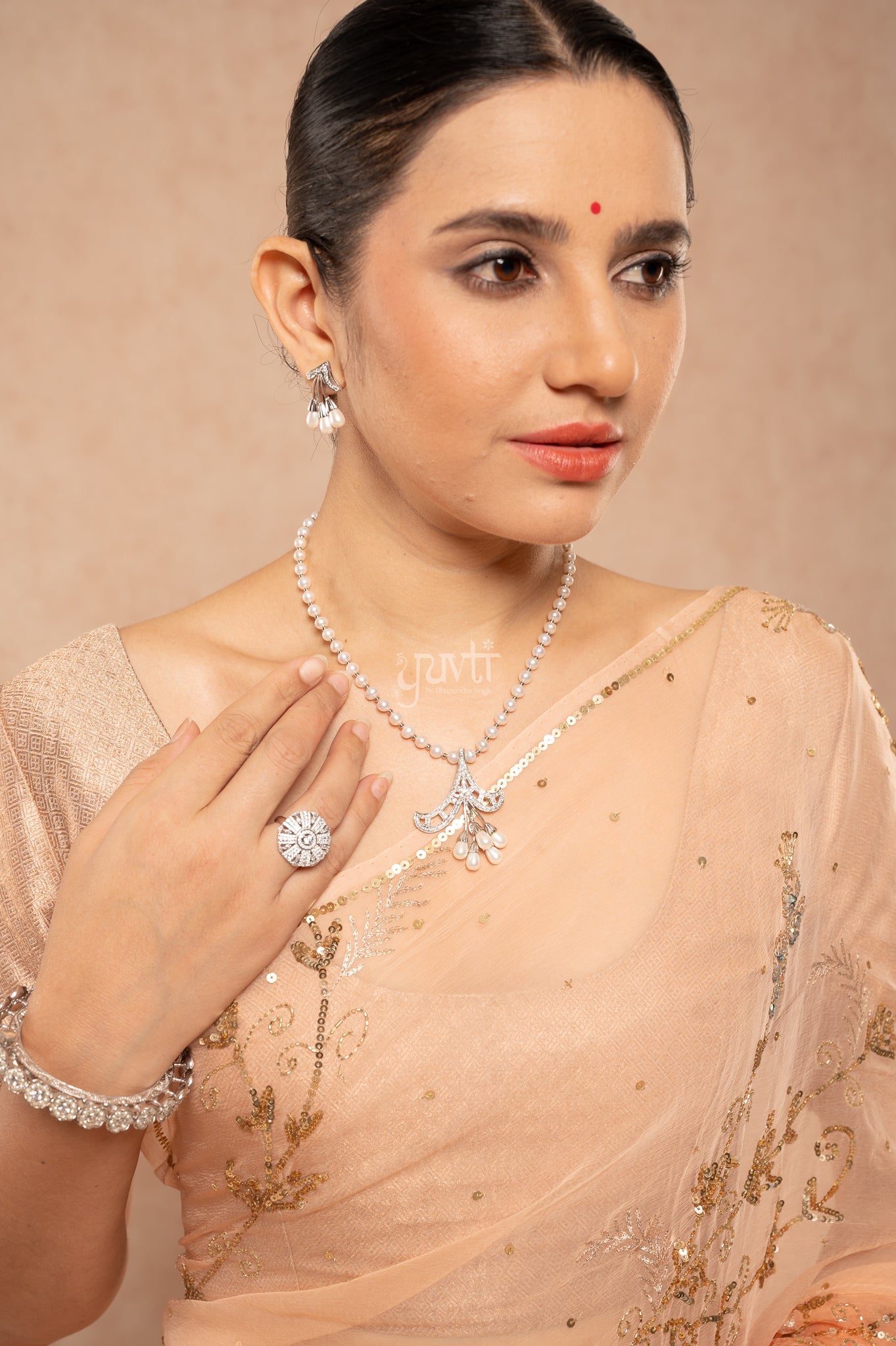 Peach Shaded Viscose Chiffon Aari Sequins Kardana Jaal  Handwork  Saree  with Blouse