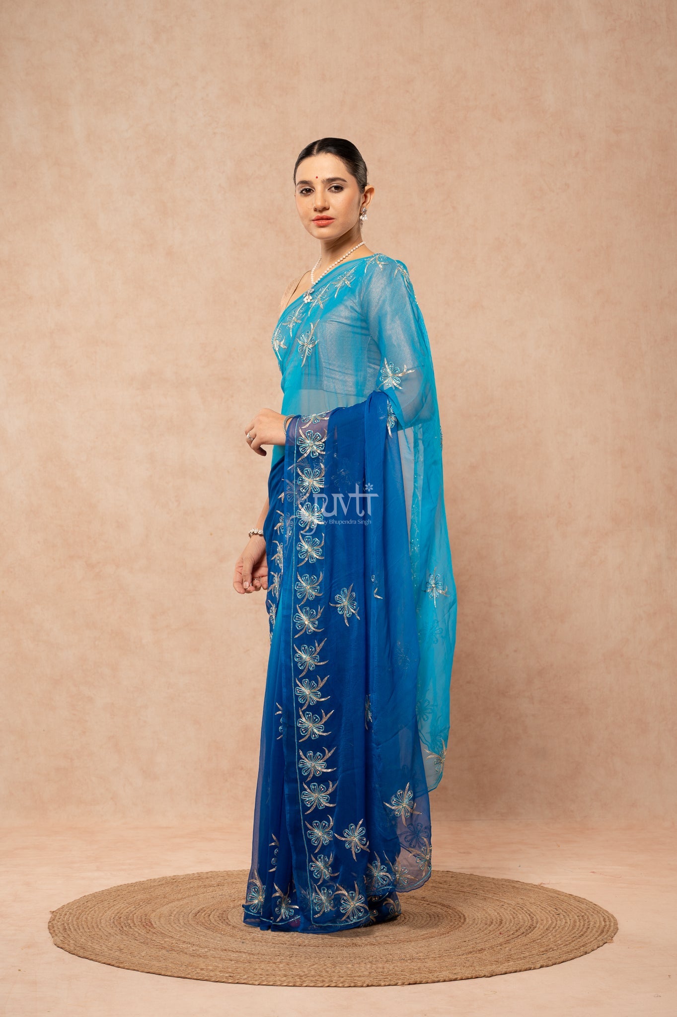 Blue Shaded Viscose Chiffon Aari Resham Sequins Border & Motif (Butti) Handwork  Saree