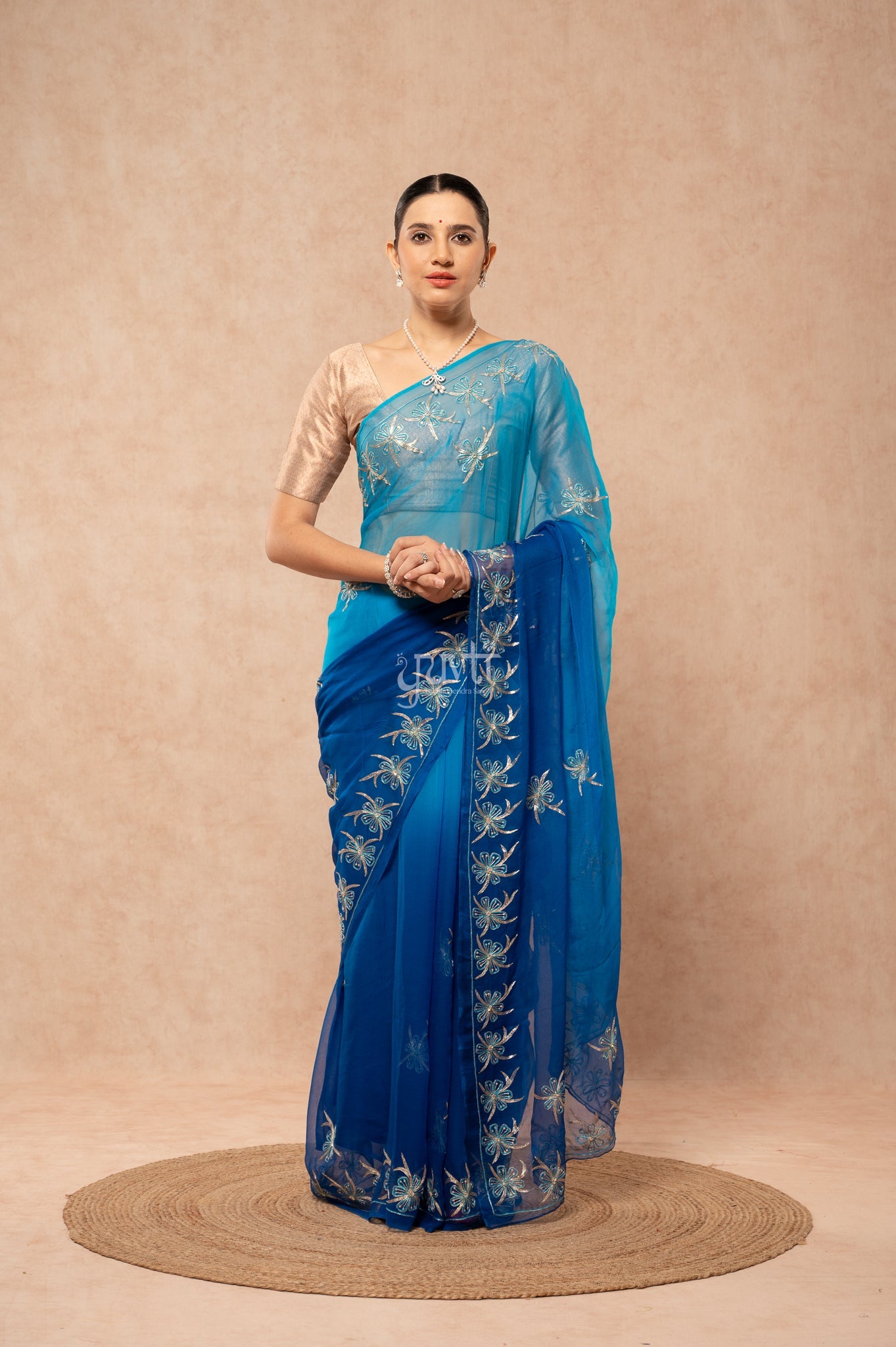 Blue Shaded Viscose Chiffon Aari Resham Sequins Border & Motif (Butti) Handwork  Saree