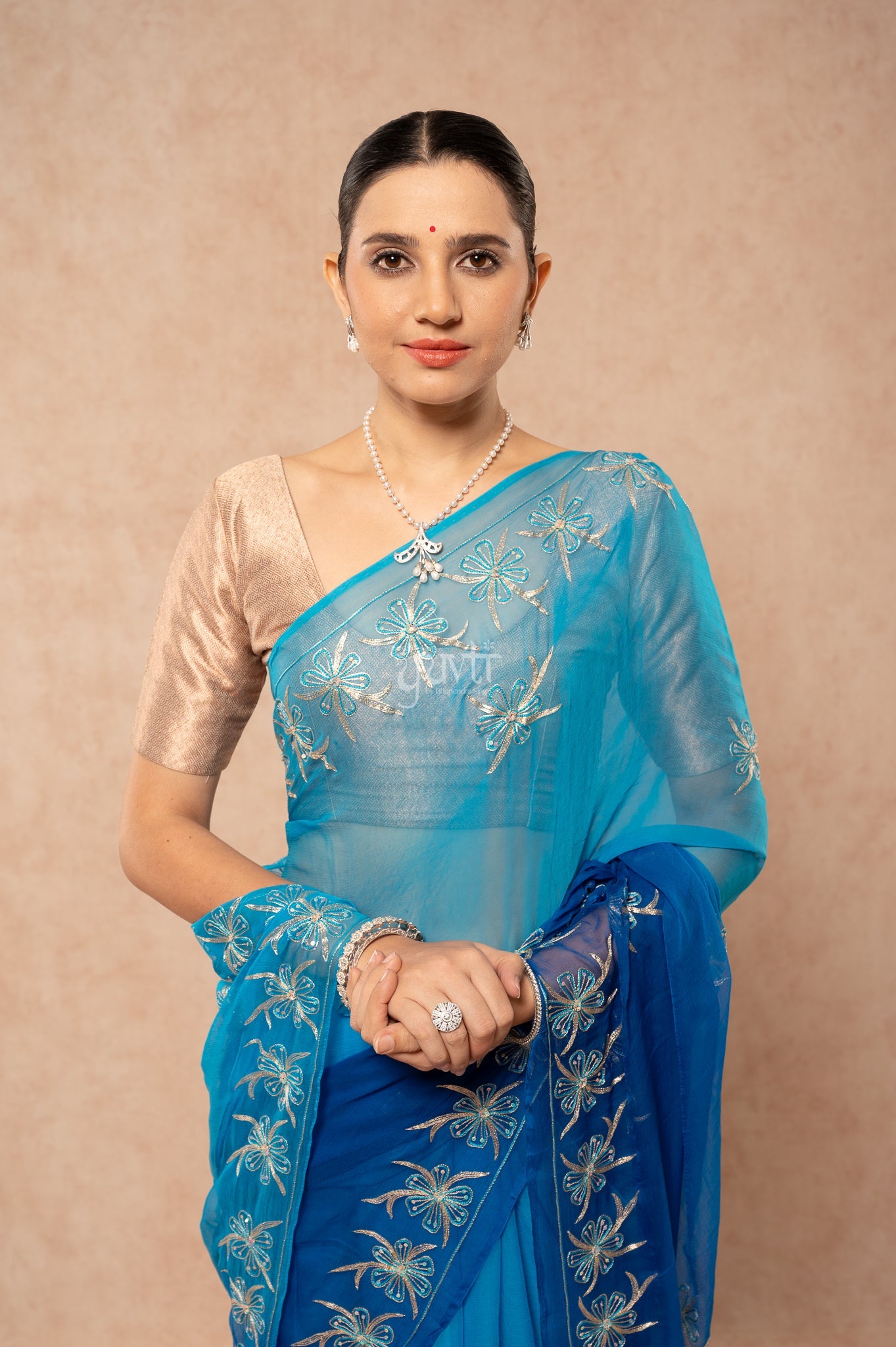 Blue Shaded Viscose Chiffon Aari Resham Sequins Border & Motif (Butti) Handwork  Saree