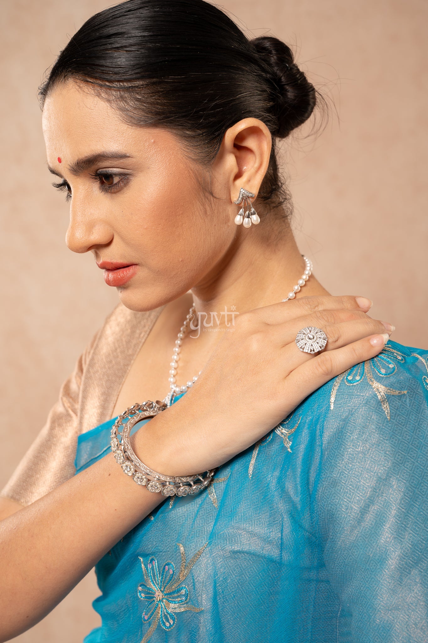 Blue Shaded Viscose Chiffon Aari Resham Sequins Border & Motif (Butti) Handwork  Saree