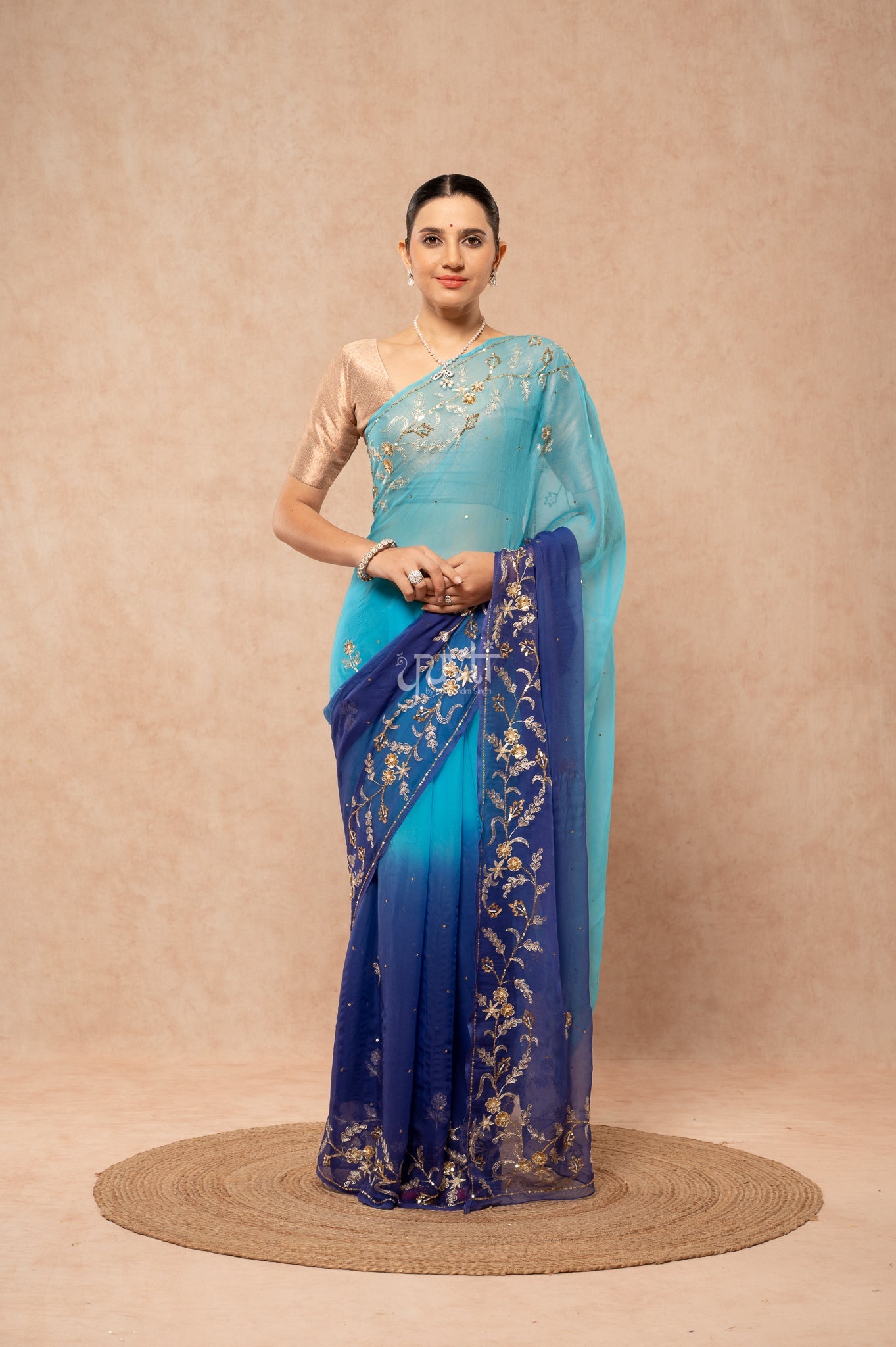 Aqua Blue Shaded Viscose Chiffon Aari Sequins Border & Flower Motifs (Butti) Handwork  Saree  with Blouse