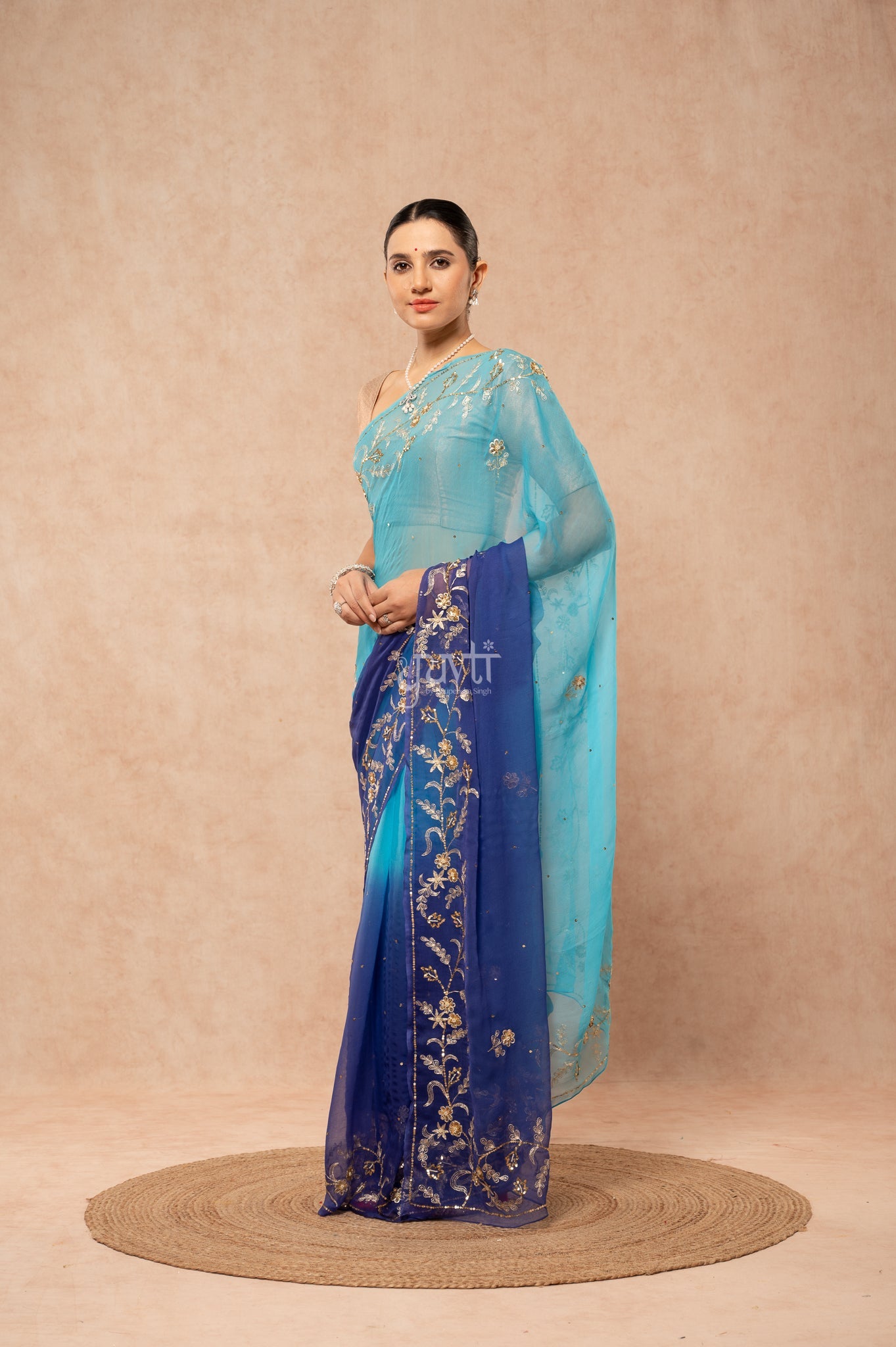 Aqua Blue Shaded Viscose Chiffon Aari Sequins Border & Flower Motifs (Butti) Handwork  Saree  with Blouse