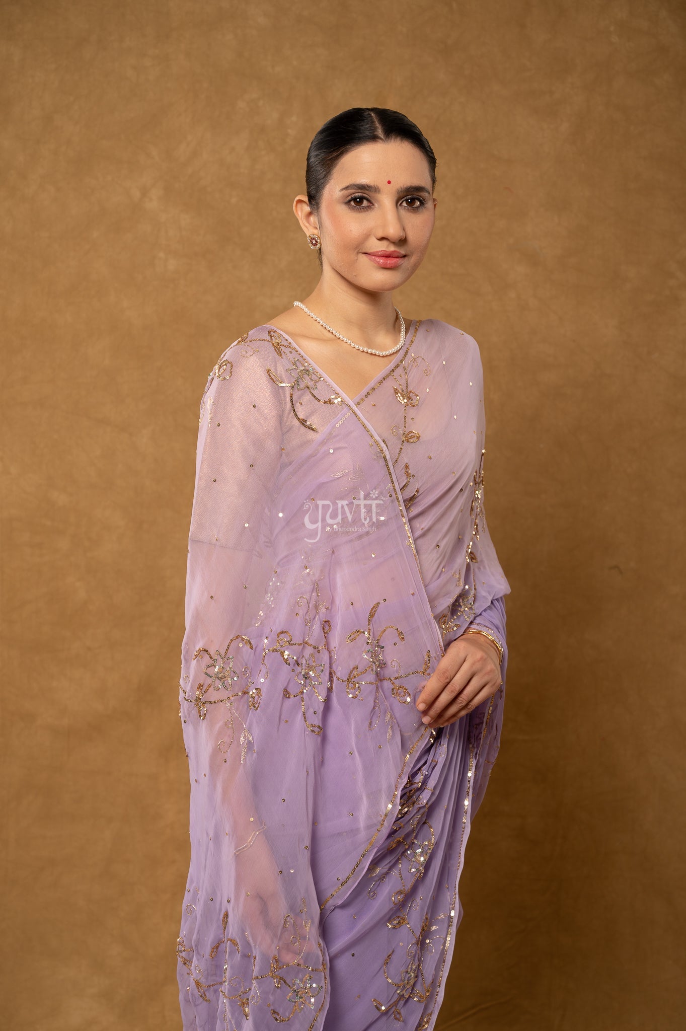 Lavender Shaded Viscose Chiffon Sequins Kardana Chaadi Butti Handwork  Saree