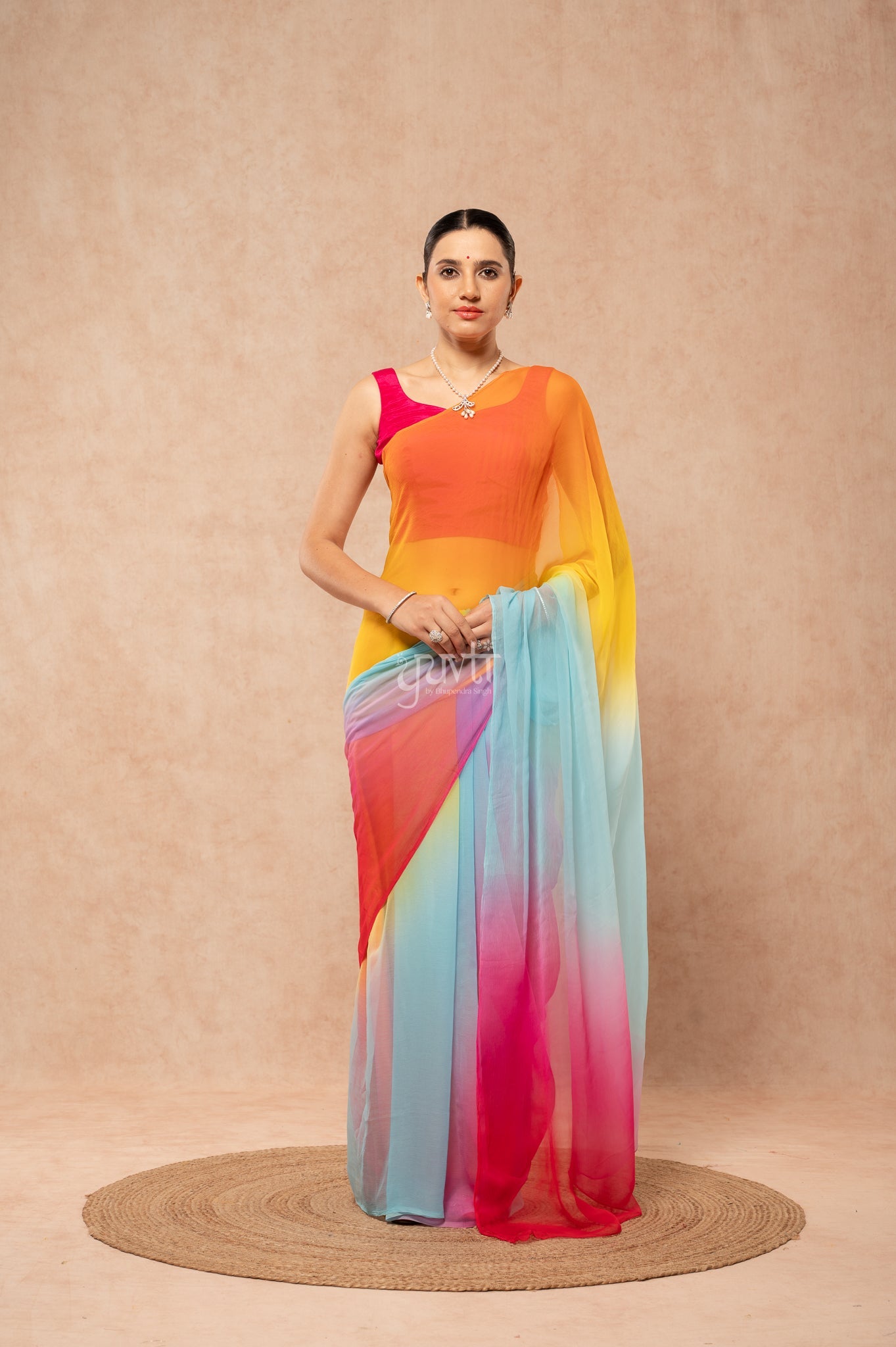 Red Rani Orange Yellow Aqua Viscose Chiffon Multicolour Hand-Dye  Saree  with Blouse
