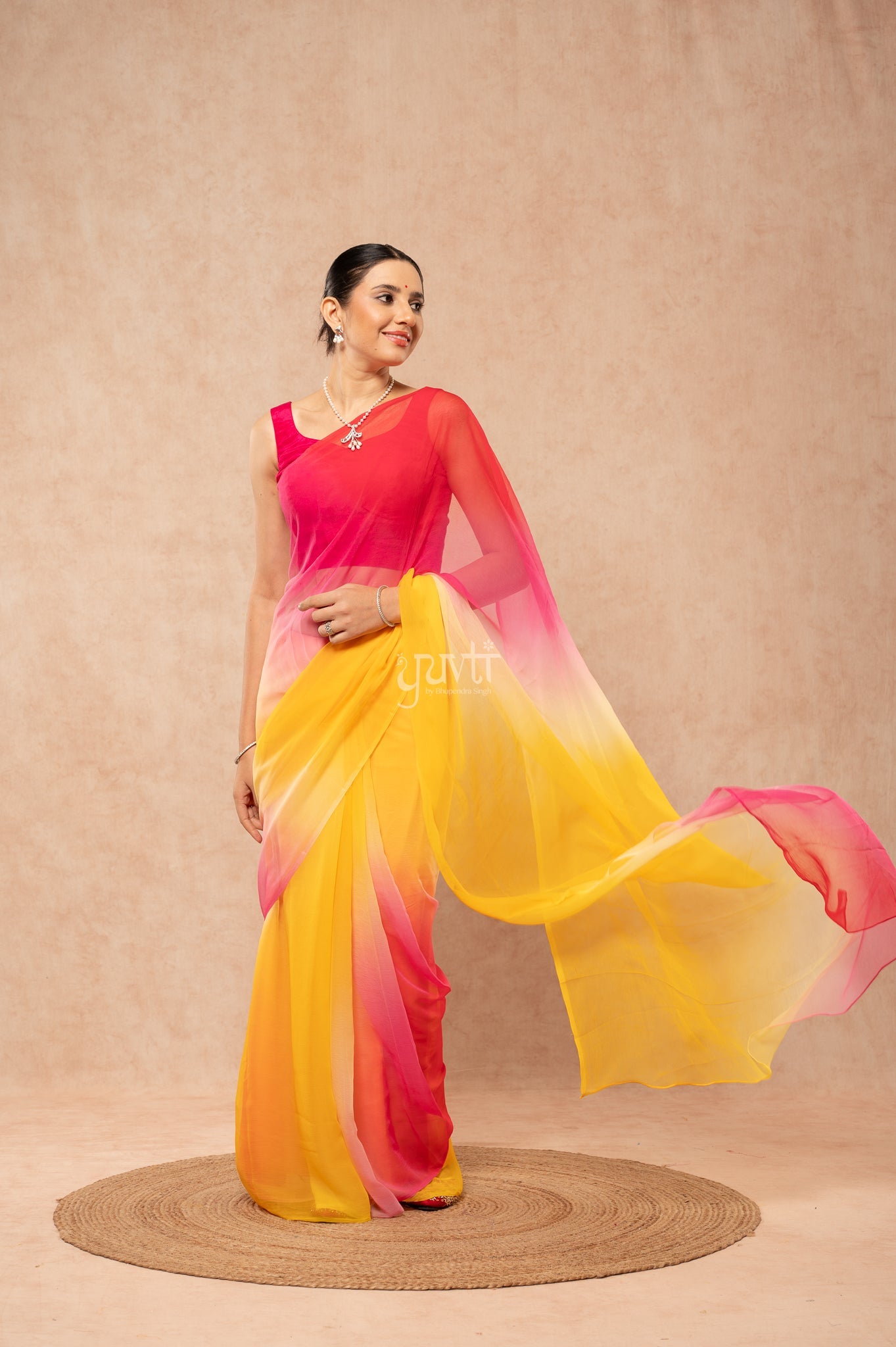 Red Rani Yellow  Viscose Chiffon Multicolour Hand-Dye  Saree  with Blouse