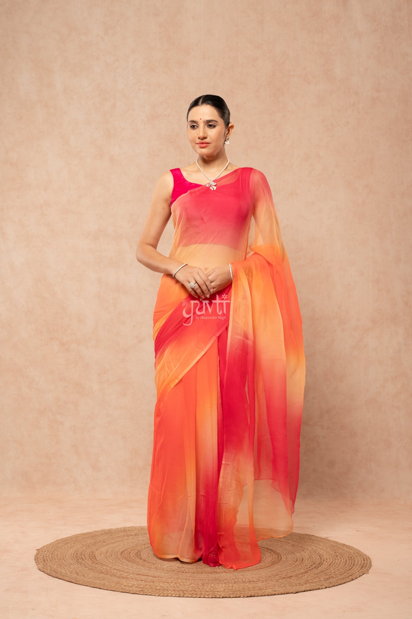 Orange Rani Peach Pure Georgette Multicolour Hand-Dye  Saree  with Blouse