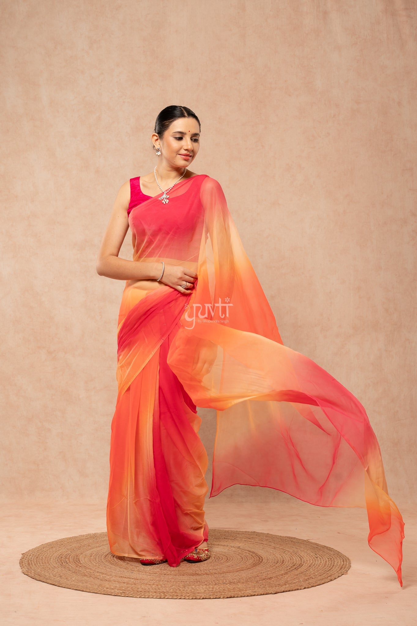 Orange Rani Peach Pure Georgette Multicolour Hand-Dye  Saree  with Blouse
