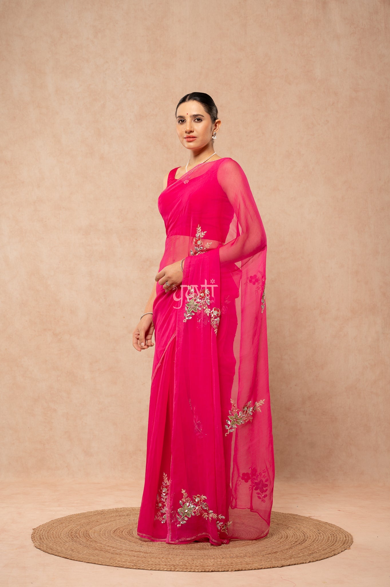 Rani Viscose Chiffon Aari Sequence Motif (Butti) all over Handwork  Saree  with Blouse