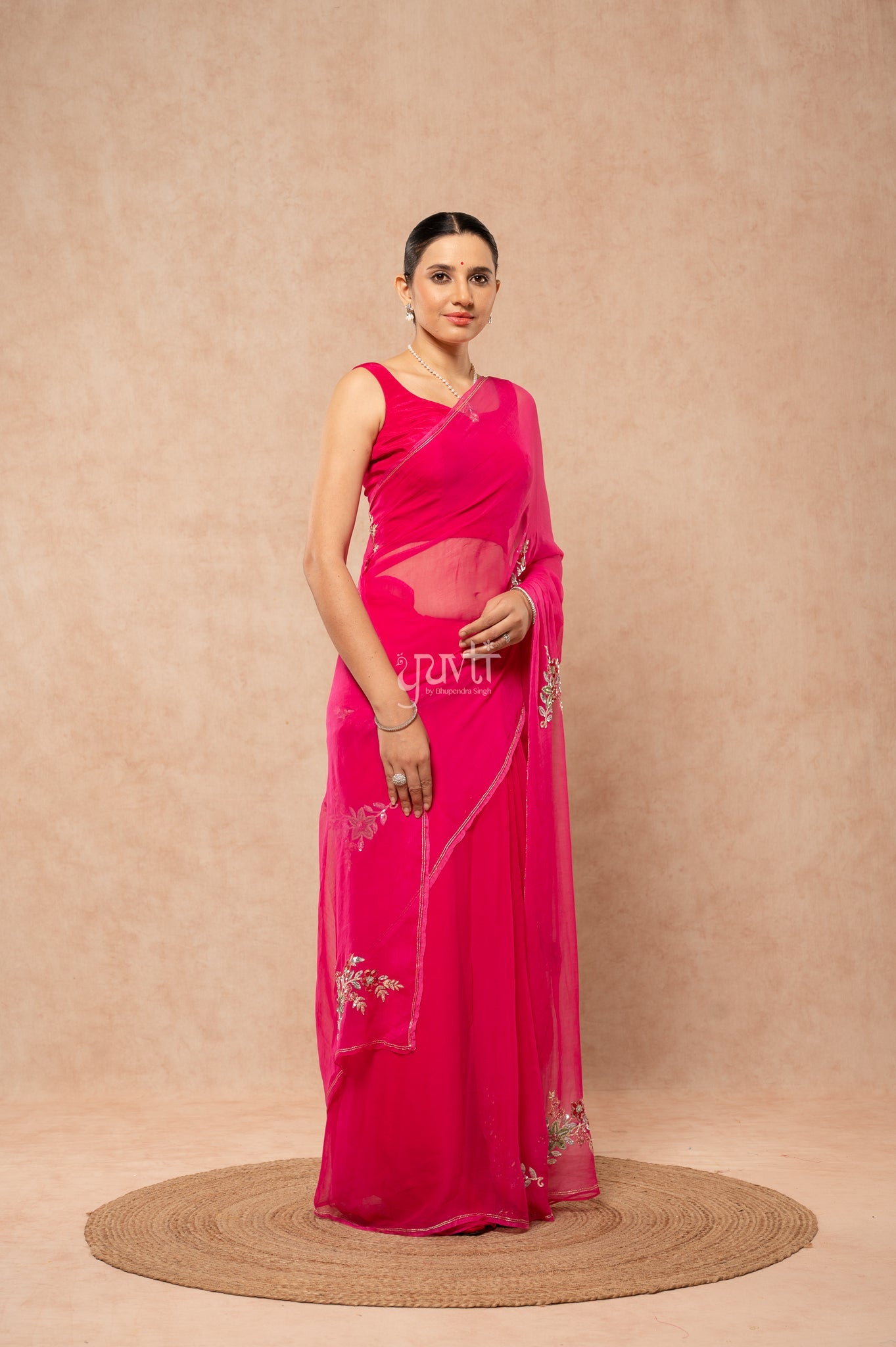 Rani Viscose Chiffon Aari Sequence Motif (Butti) all over Handwork  Saree  with Blouse