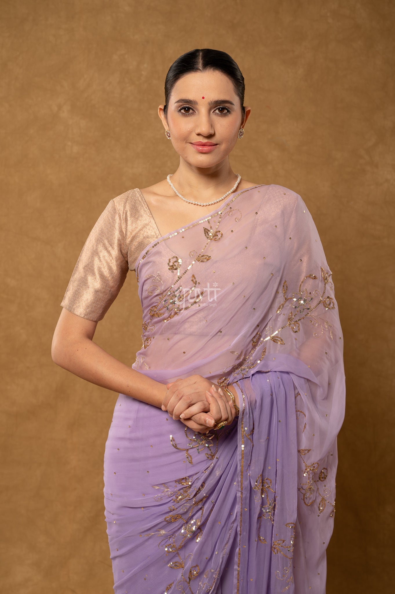 Lavender Shaded Viscose Chiffon Sequins Kardana Chaadi Butti Handwork  Saree
