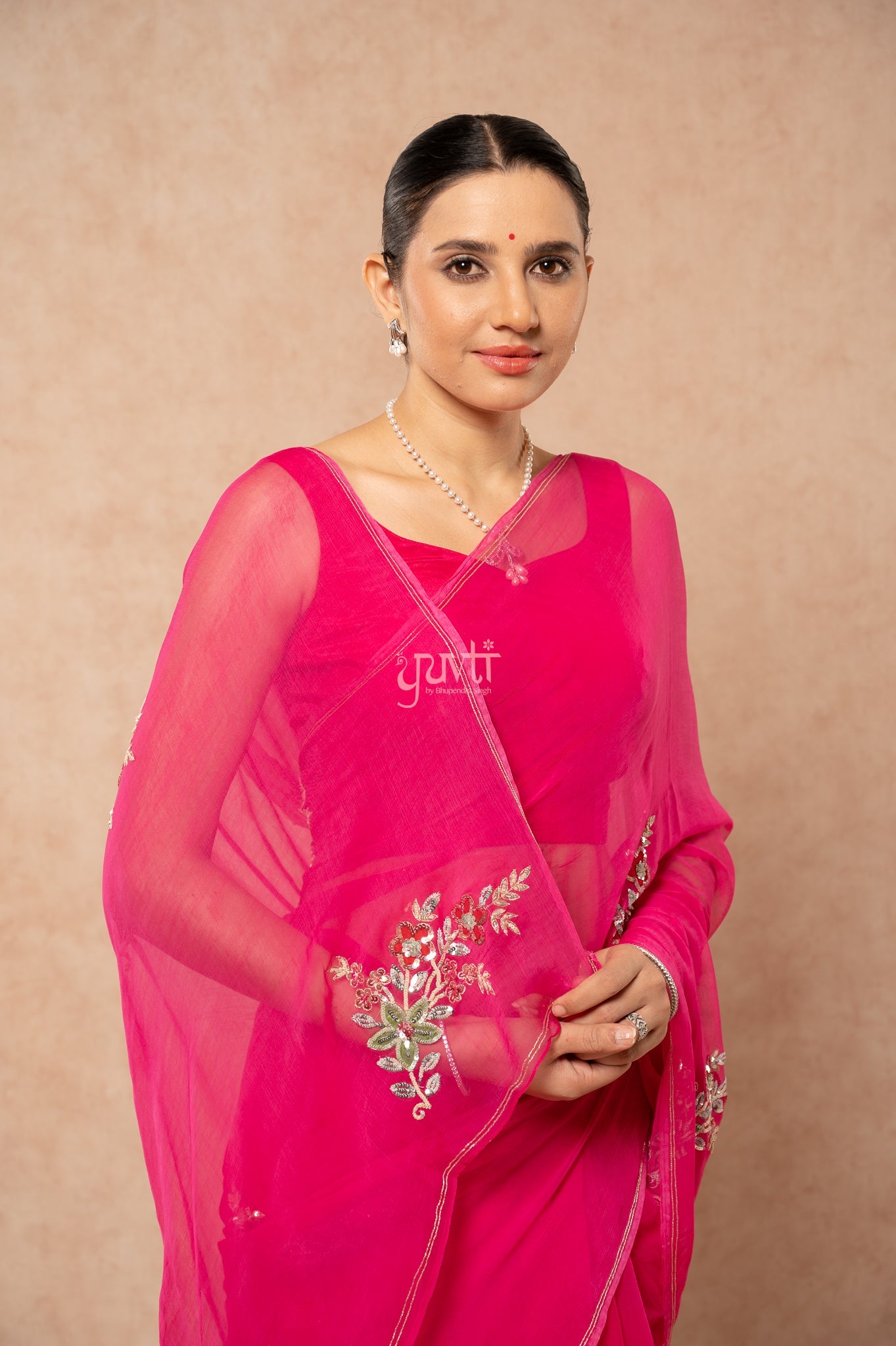 Rani Viscose Chiffon Aari Sequence Motif (Butti) all over Handwork  Saree  with Blouse