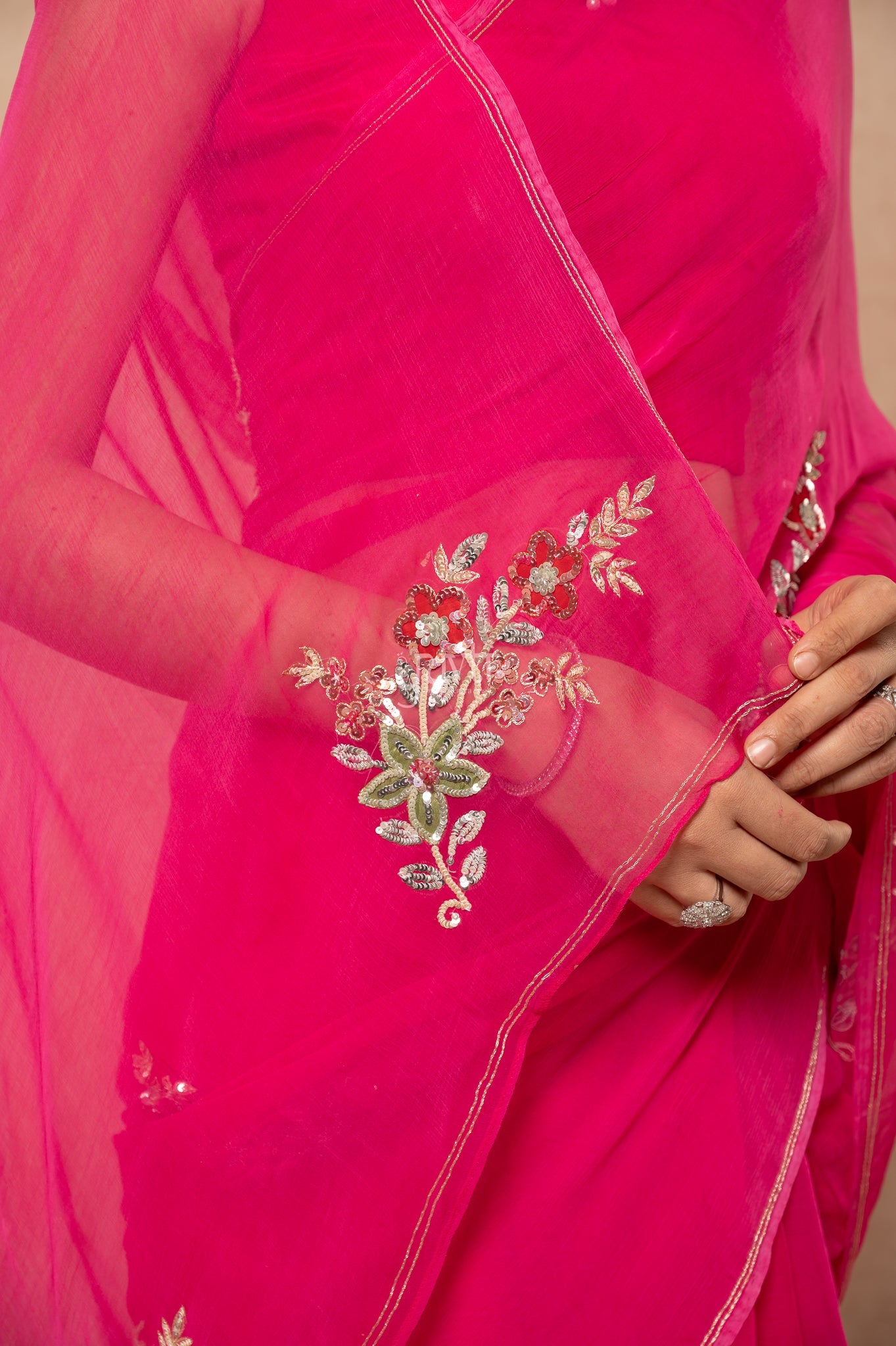 Rani Viscose Chiffon Aari Sequence Motif (Butti) all over Handwork  Saree  with Blouse