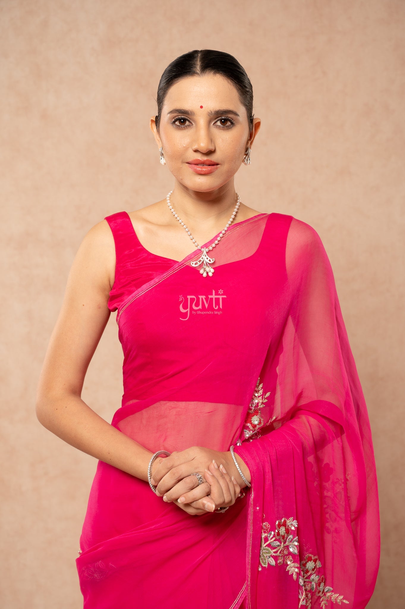 Rani Viscose Chiffon Aari Sequence Motif (Butti) all over Handwork  Saree  with Blouse