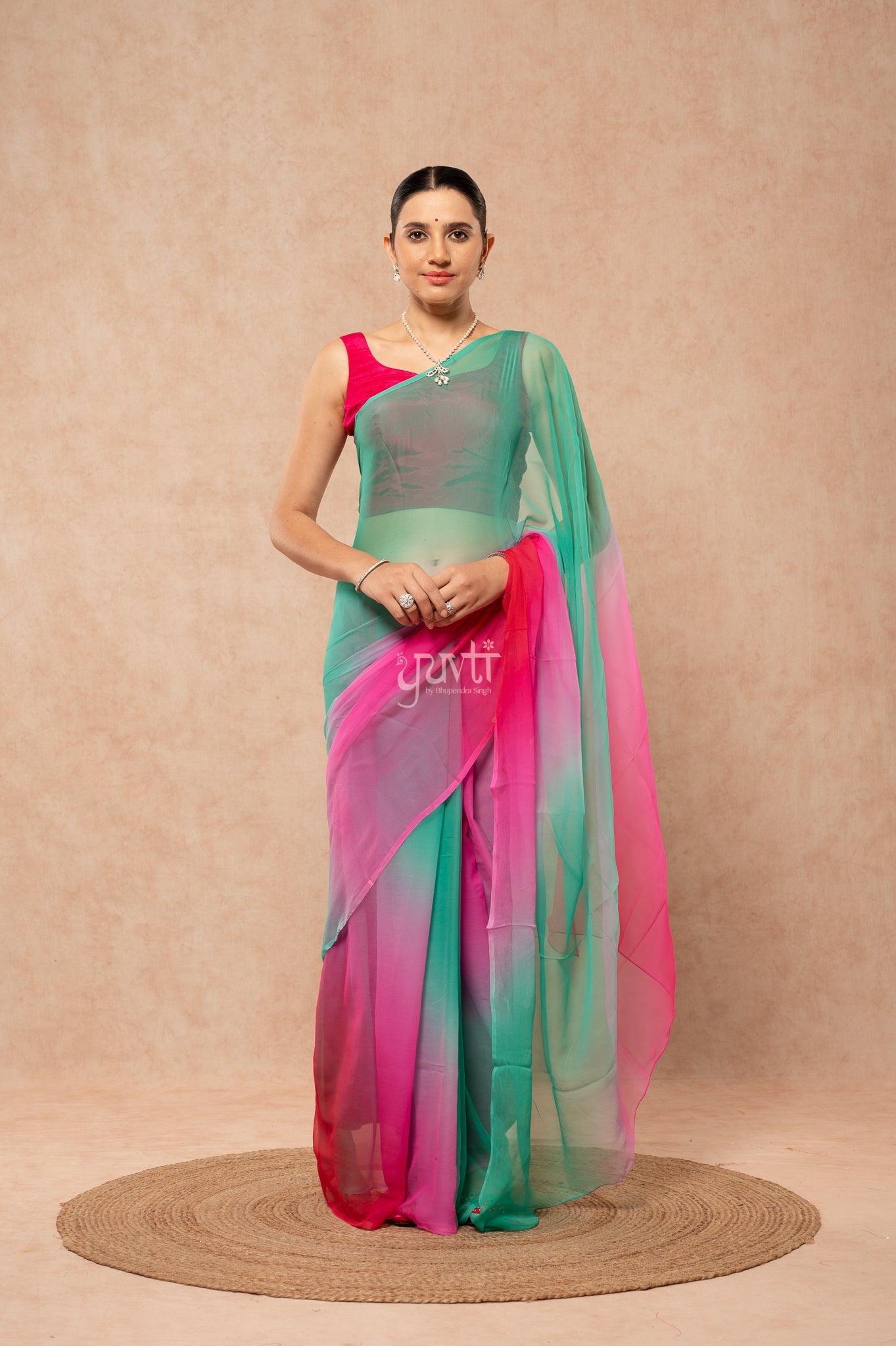 Red Rani Rama Pure Georgette Multicolour Hand-Dye  Saree  with Blouse