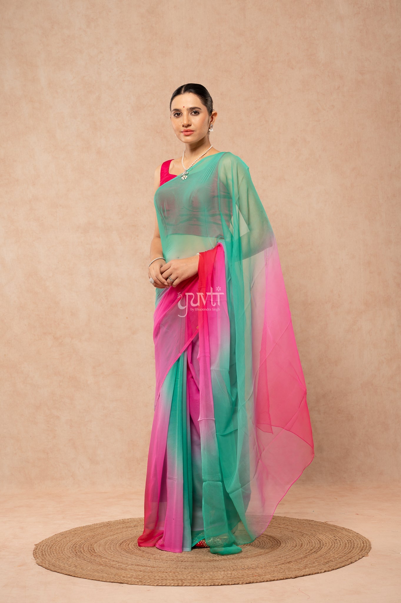 Red Rani Rama Pure Georgette Multicolour Hand-Dye  Saree  with Blouse