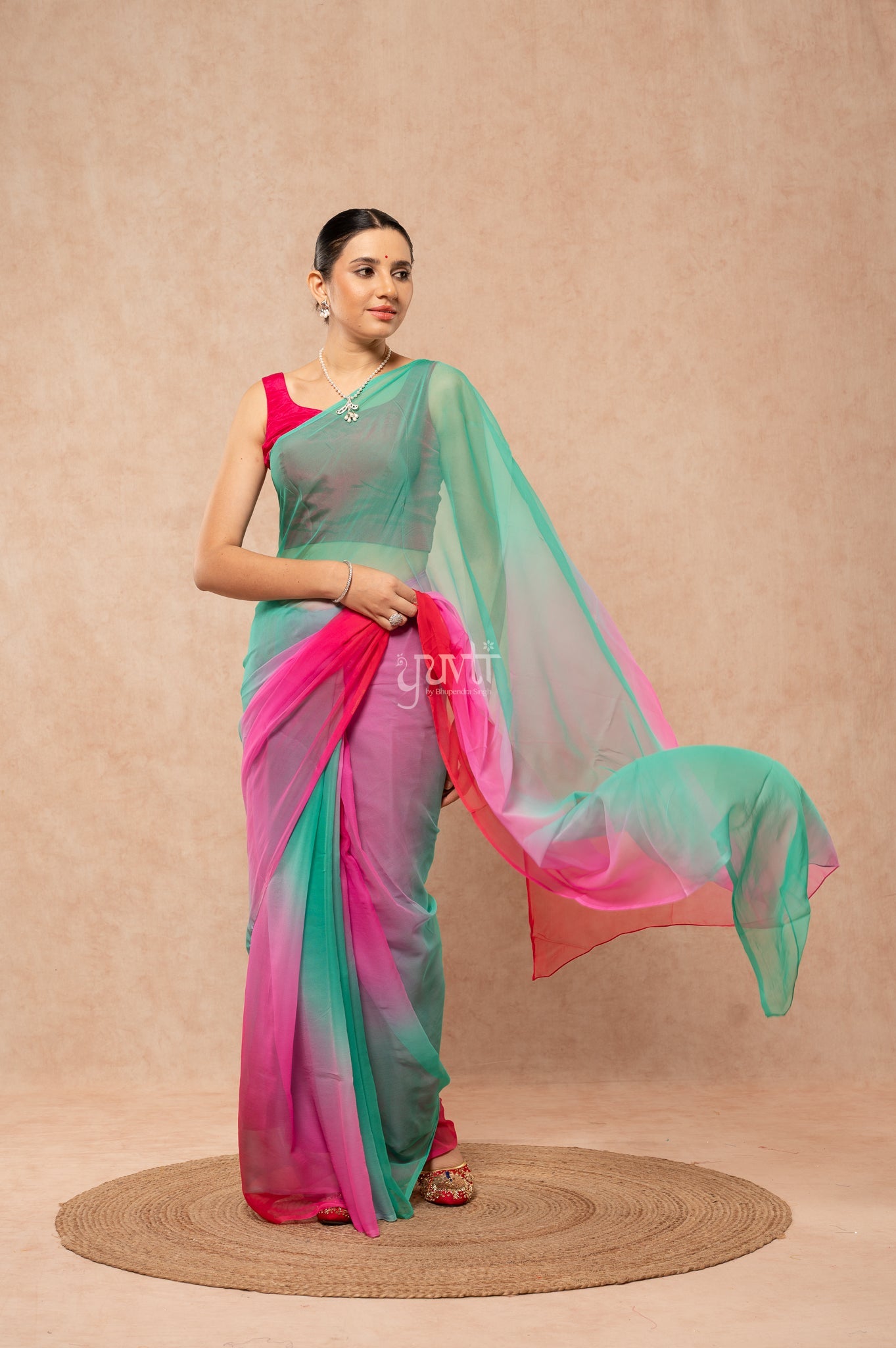 Red Rani Rama Pure Georgette Multicolour Hand-Dye  Saree  with Blouse