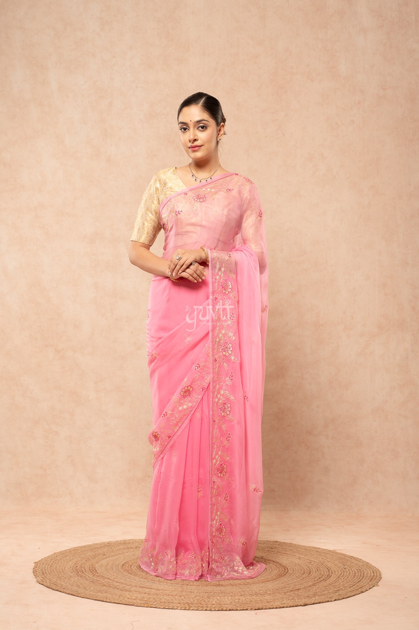 Baby Pink Viscose Chiffon Aari Resham Sequins Border & Motif (Butti) Handwork  Saree  with Blouse
