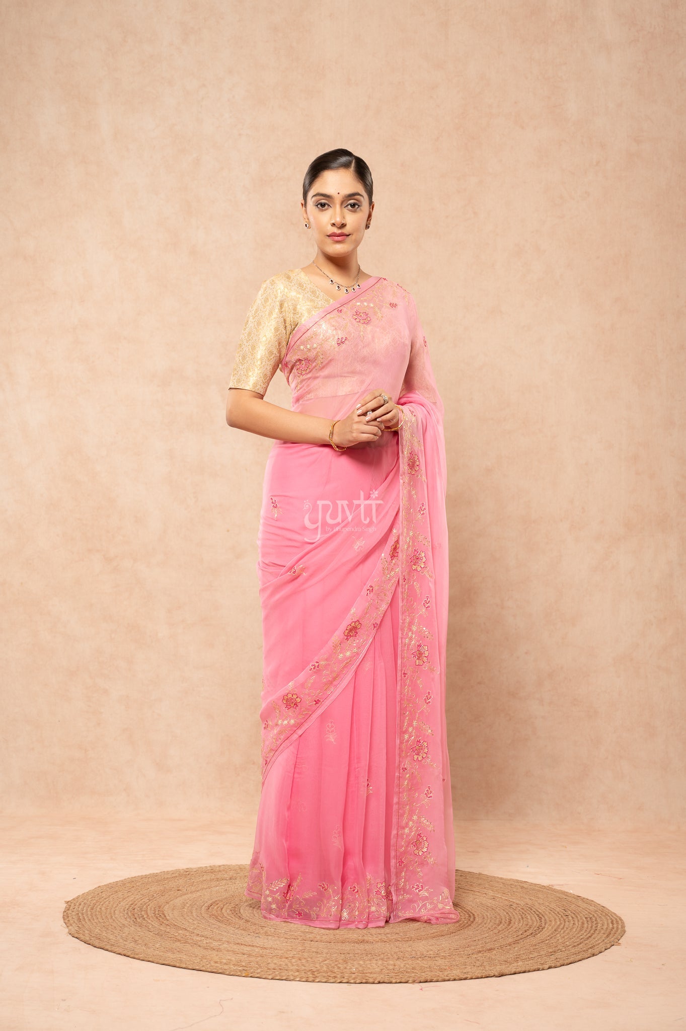 Baby Pink Viscose Chiffon Aari Resham Sequins Border & Motif (Butti) Handwork  Saree  with Blouse