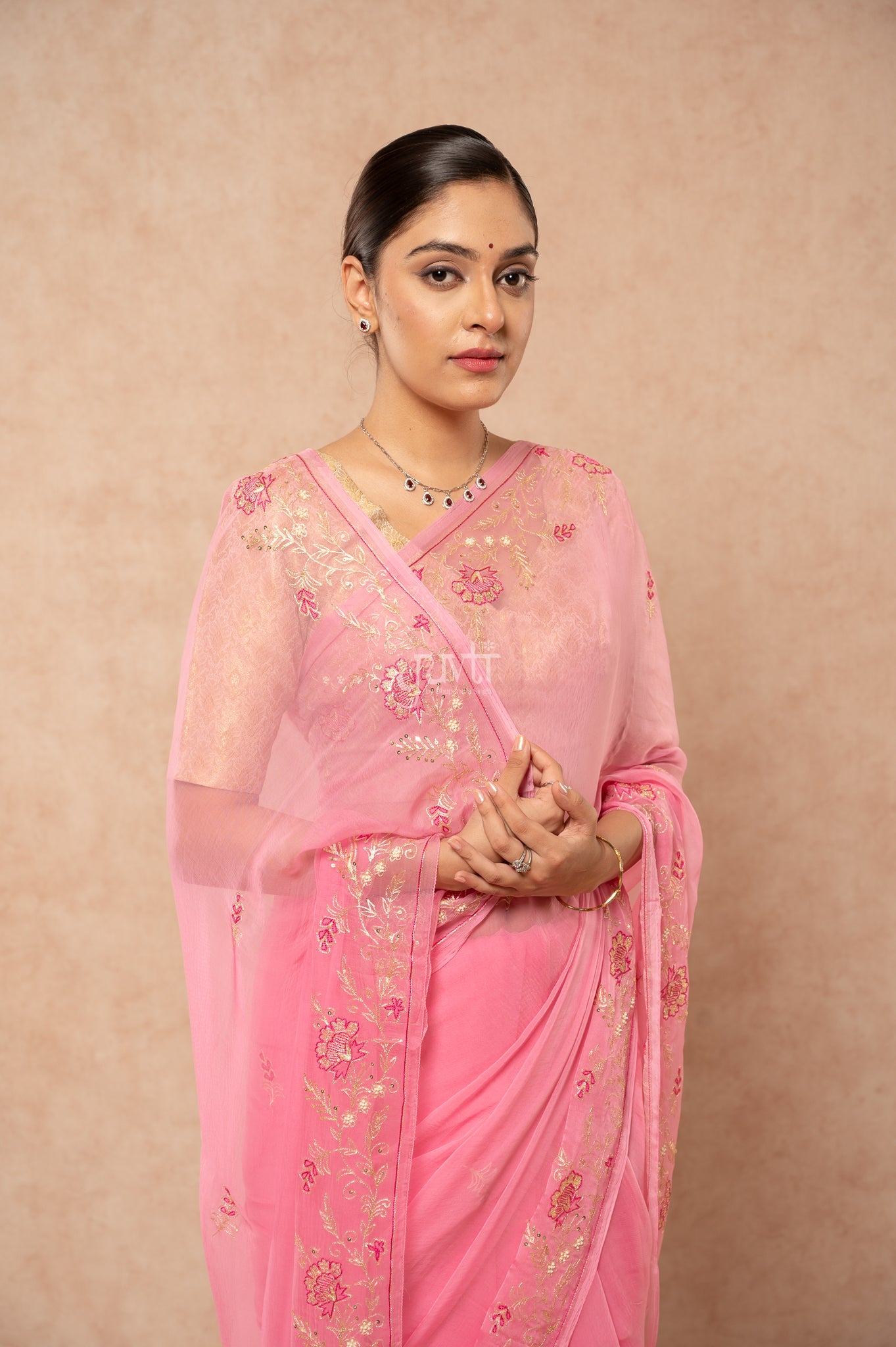 Baby Pink Viscose Chiffon Aari Resham Sequins Border & Motif (Butti) Handwork  Saree  with Blouse