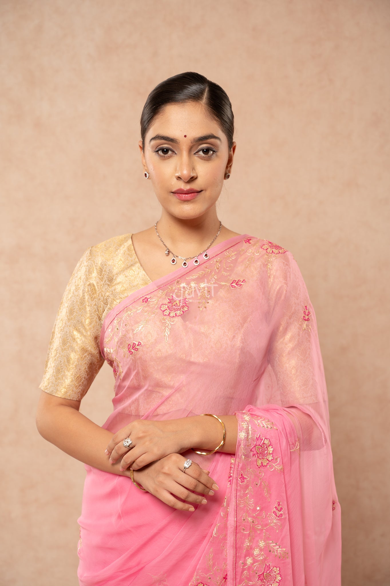 Baby Pink Viscose Chiffon Aari Resham Sequins Border & Motif (Butti) Handwork  Saree  with Blouse