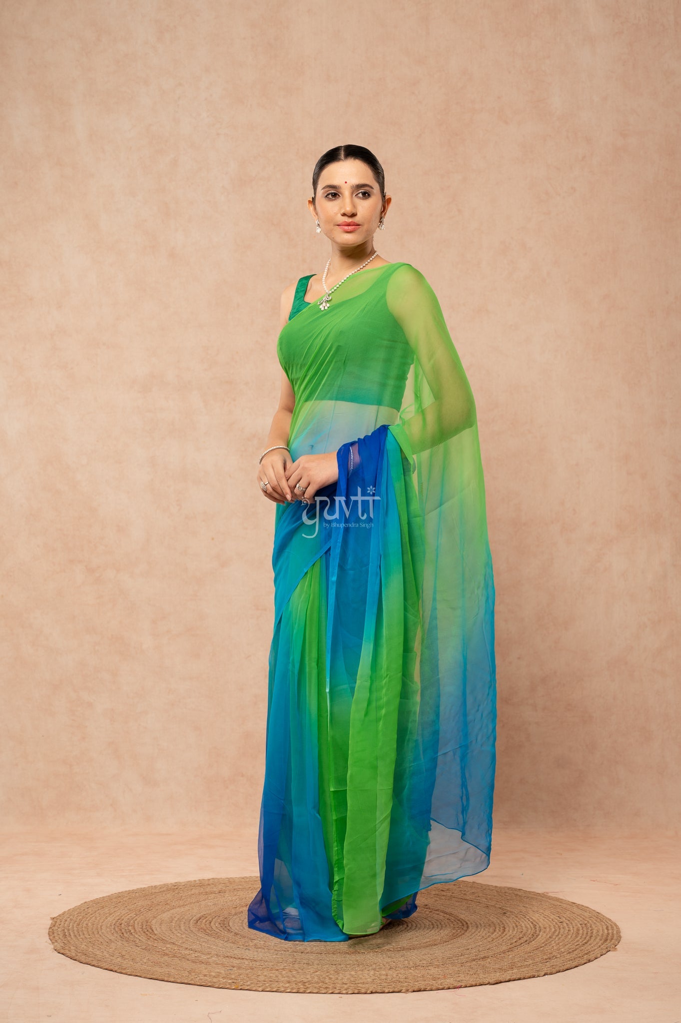 Roya Blue Green Pure Georgette Multicolour Hand-Dye  Saree  with Blouse