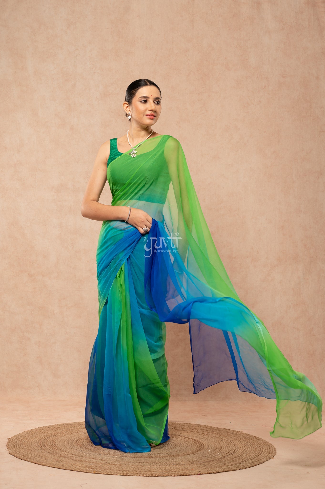 Roya Blue Green Pure Georgette Multicolour Hand-Dye  Saree  with Blouse