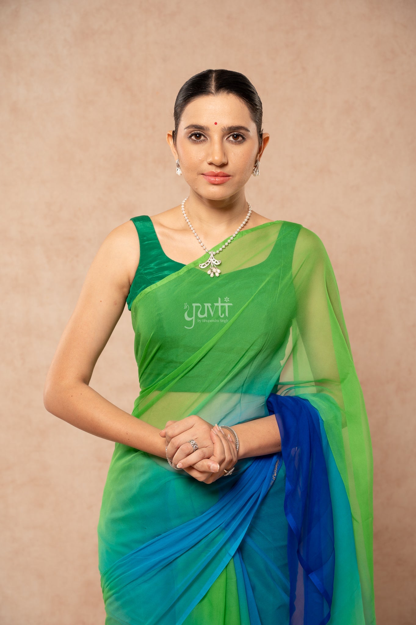 Roya Blue Green Pure Georgette Multicolour Hand-Dye  Saree  with Blouse