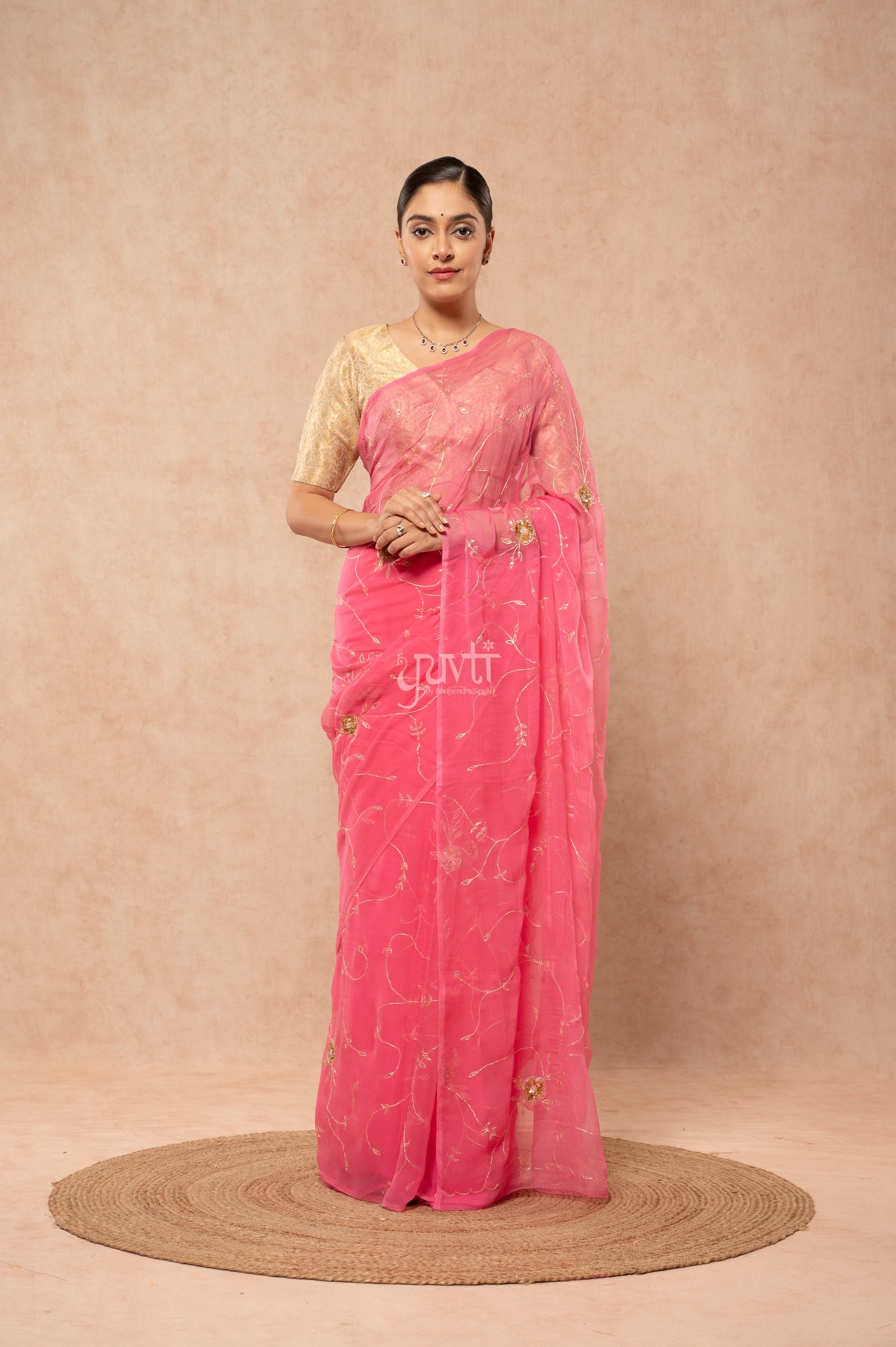 Gajri Pink Viscose Chiffon Aari Sequins Jaal Handwork  Saree  with Blouse