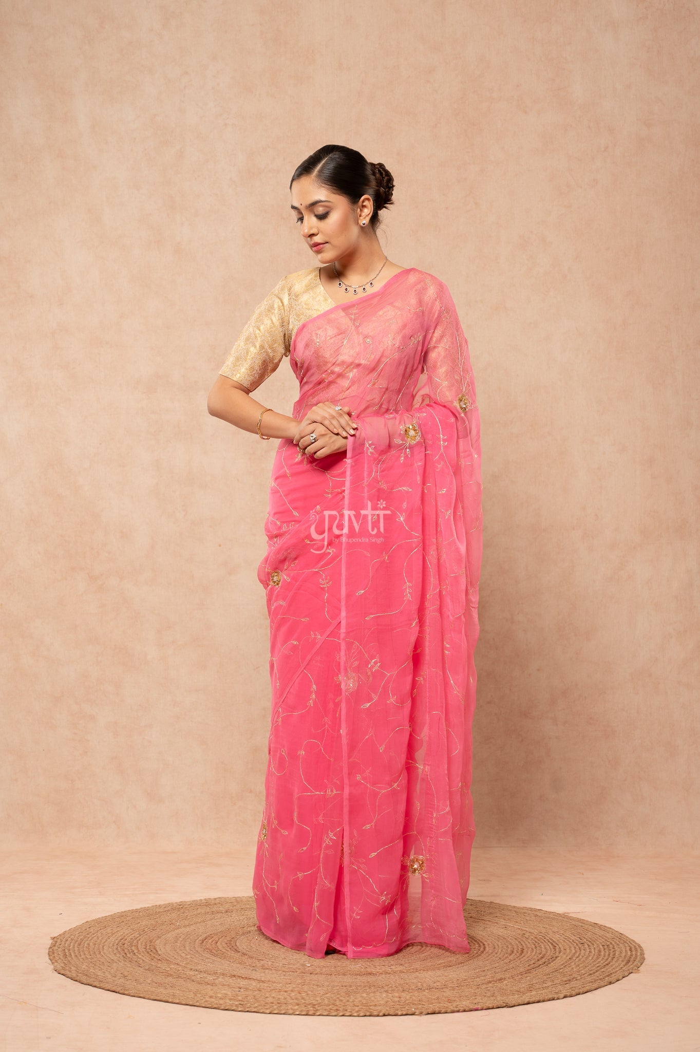Gajri Pink Viscose Chiffon Aari Sequins Jaal Handwork  Saree  with Blouse