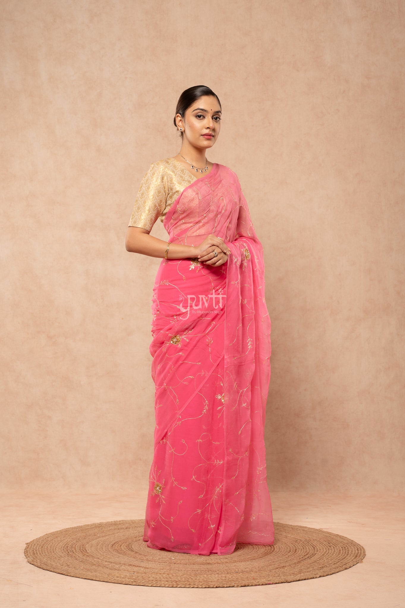 Gajri Pink Viscose Chiffon Aari Sequins Jaal Handwork  Saree  with Blouse