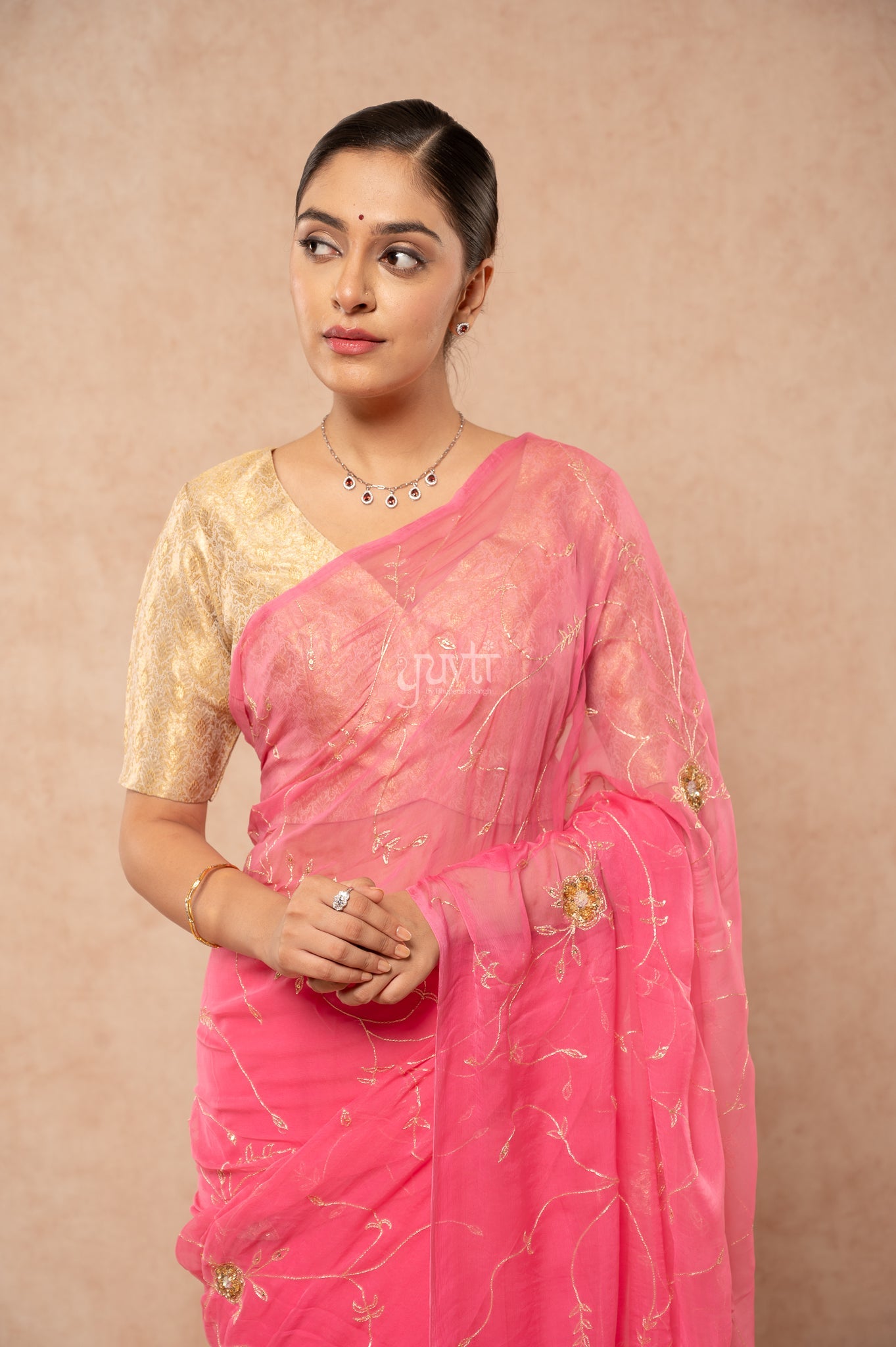 Gajri Pink Viscose Chiffon Aari Sequins Jaal Handwork  Saree  with Blouse
