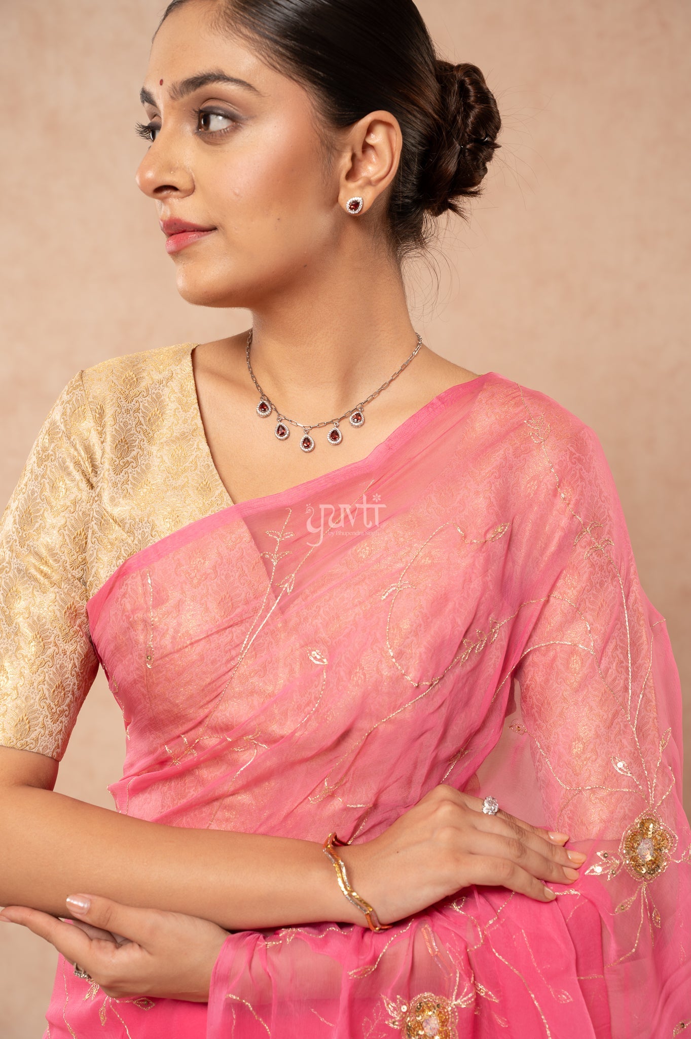 Gajri Pink Viscose Chiffon Aari Sequins Jaal Handwork  Saree  with Blouse