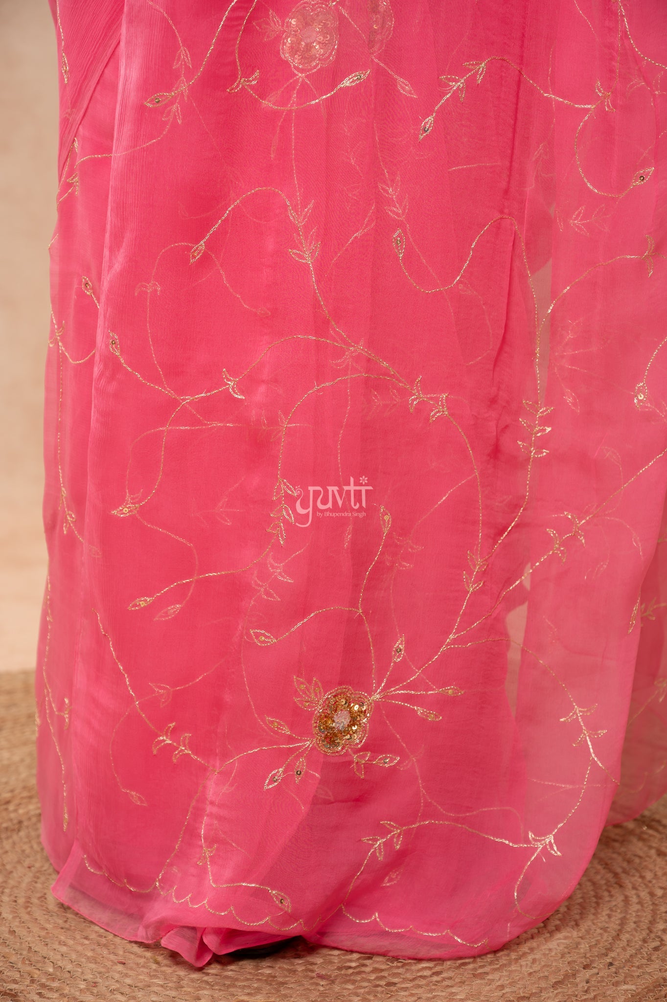 Gajri Pink Viscose Chiffon Aari Sequins Jaal Handwork  Saree  with Blouse