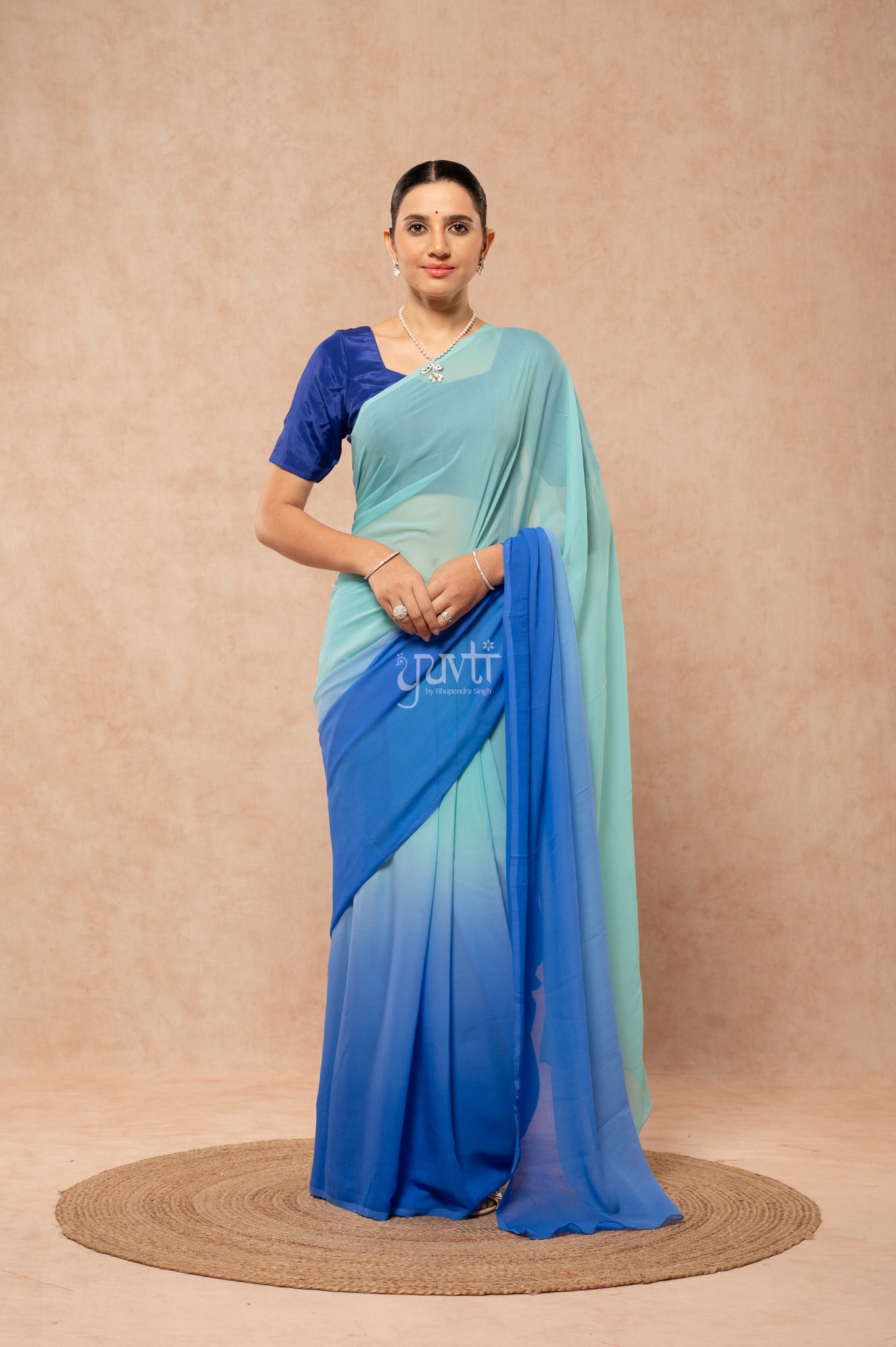 Aqua Blue Shaded Pure Chiffon  Hand-Dye  Saree  with Blouse