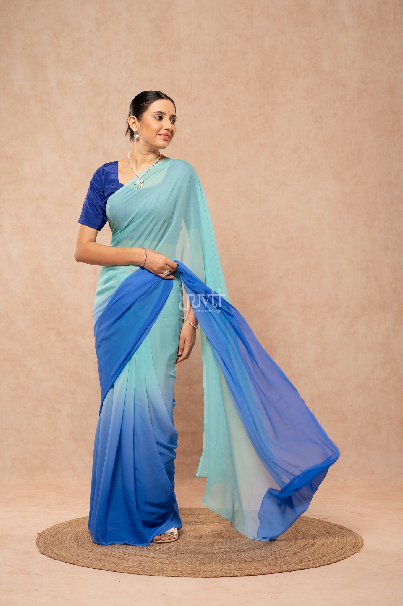 Aqua Blue Shaded Pure Chiffon  Hand-Dye  Saree  with Blouse