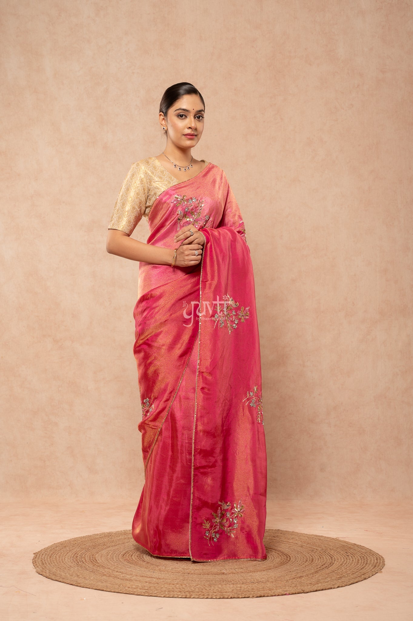 Rani Viscose Tissue Aari Sequins Motifs ( Butti ) Handwork Party  Saree