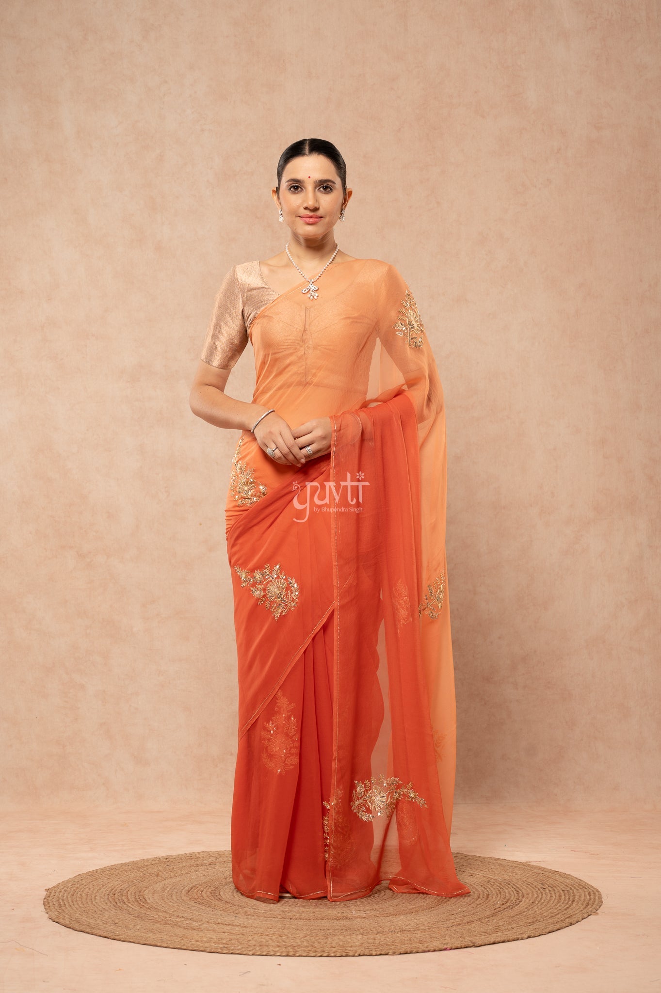 Rust Orange Shaded Viscose Chiffon Aari Sequins Motifs ( Butti ) al over Handwork  Saree  with Blouse