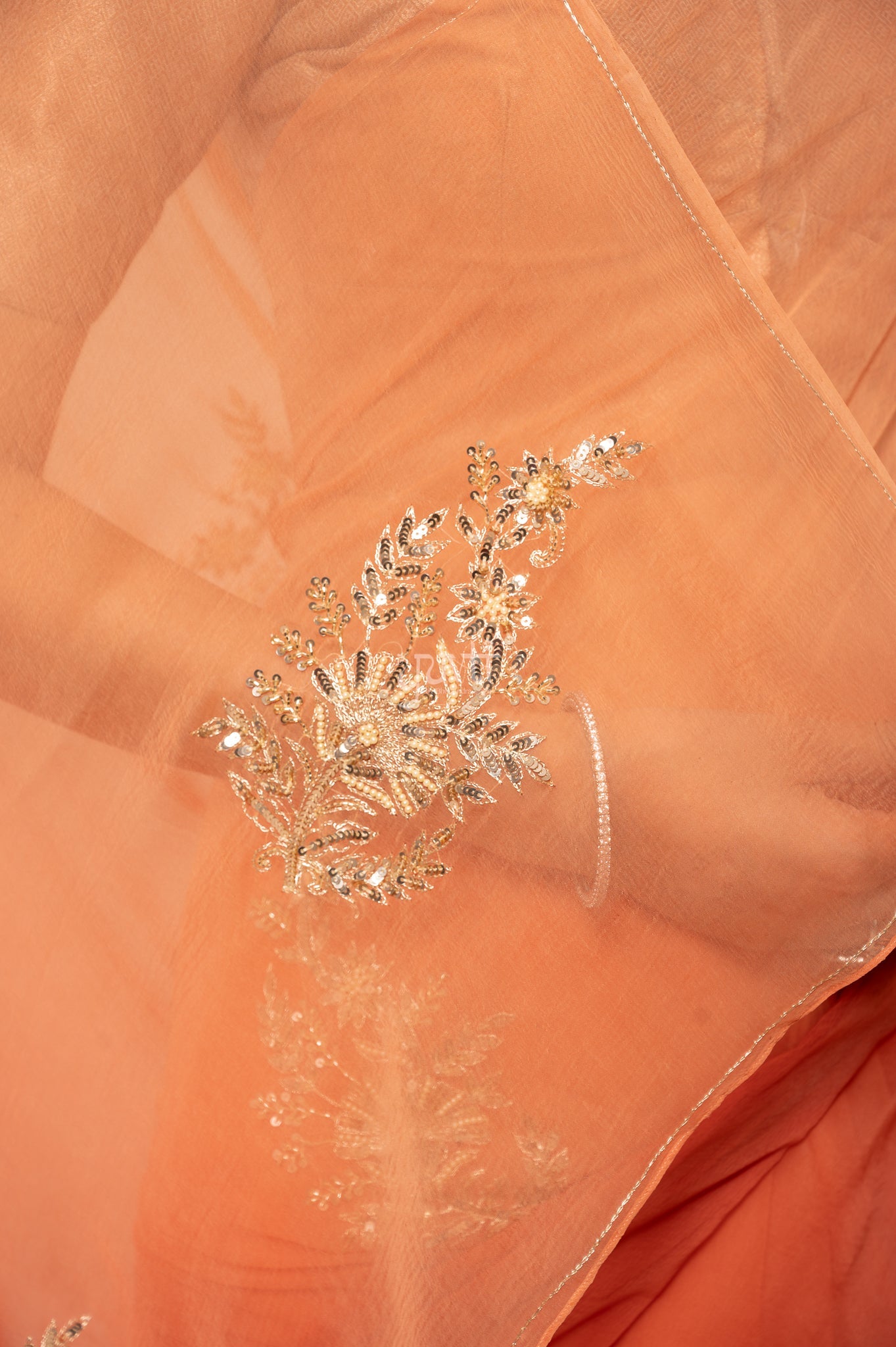 Rust Orange Shaded Viscose Chiffon Aari Sequins Motifs ( Butti ) al over Handwork  Saree  with Blouse